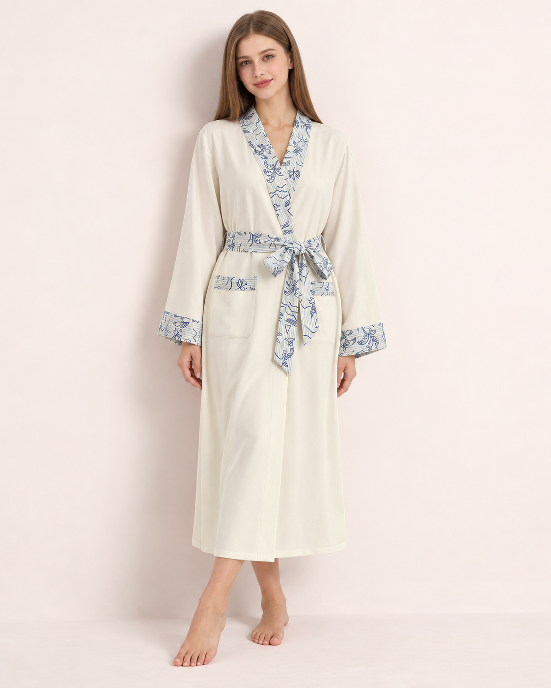 Apricot-cream Inkshore robe with blue botanical trim — studio view 6