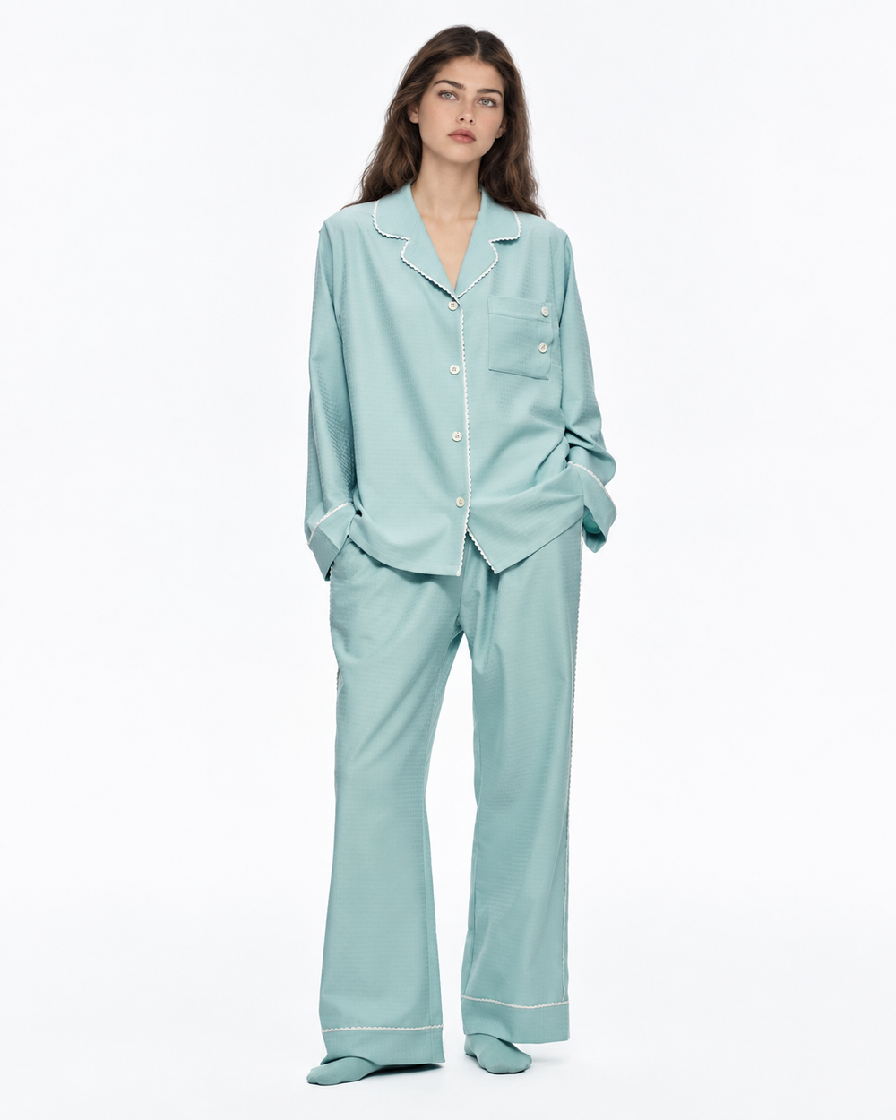 Picot-Trim Textured Long-Sleeve Pajama Set – green on-model view - Roomden