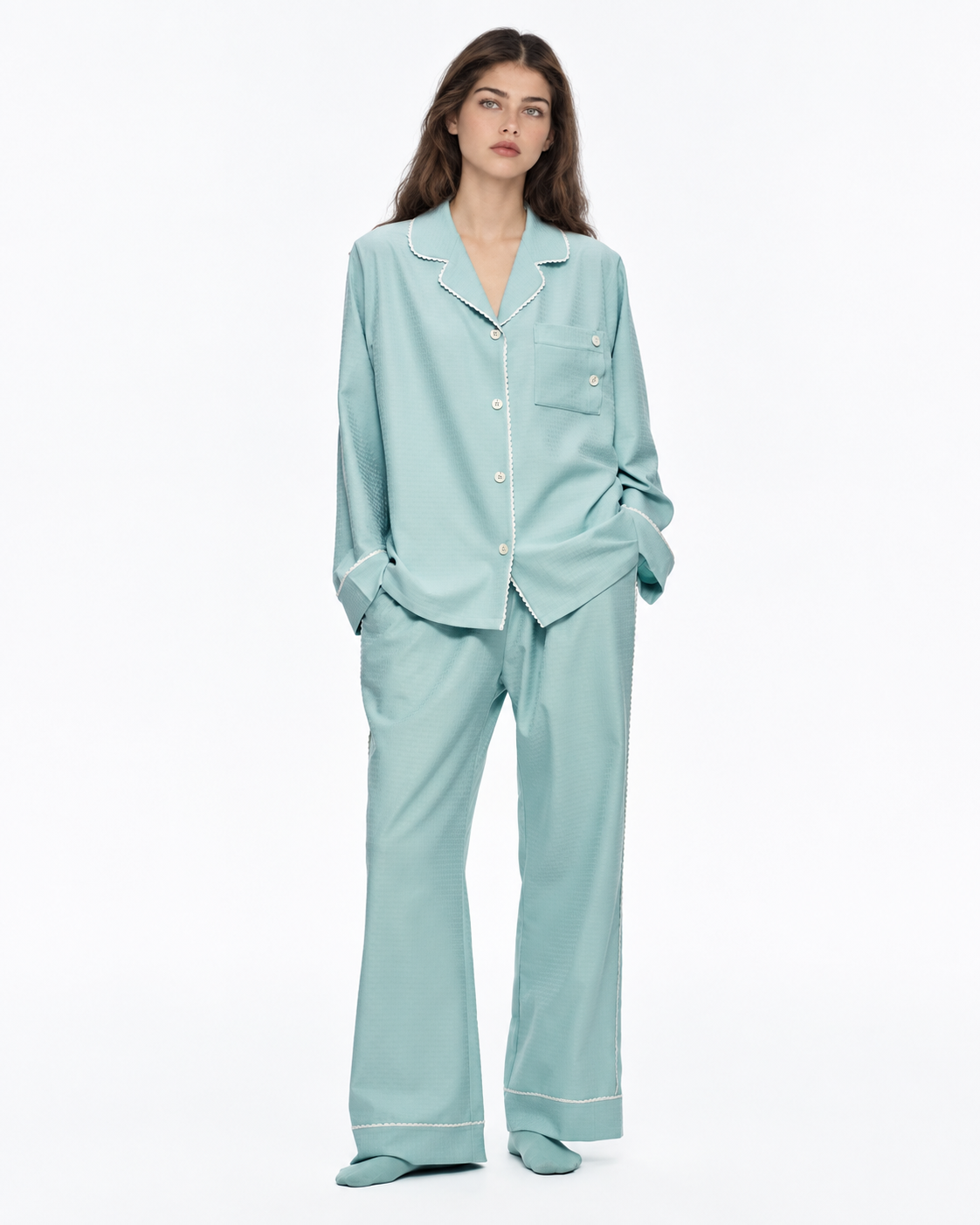 Picot-Trim Textured Long-Sleeve Pajama Set – green on-model view - Roomden