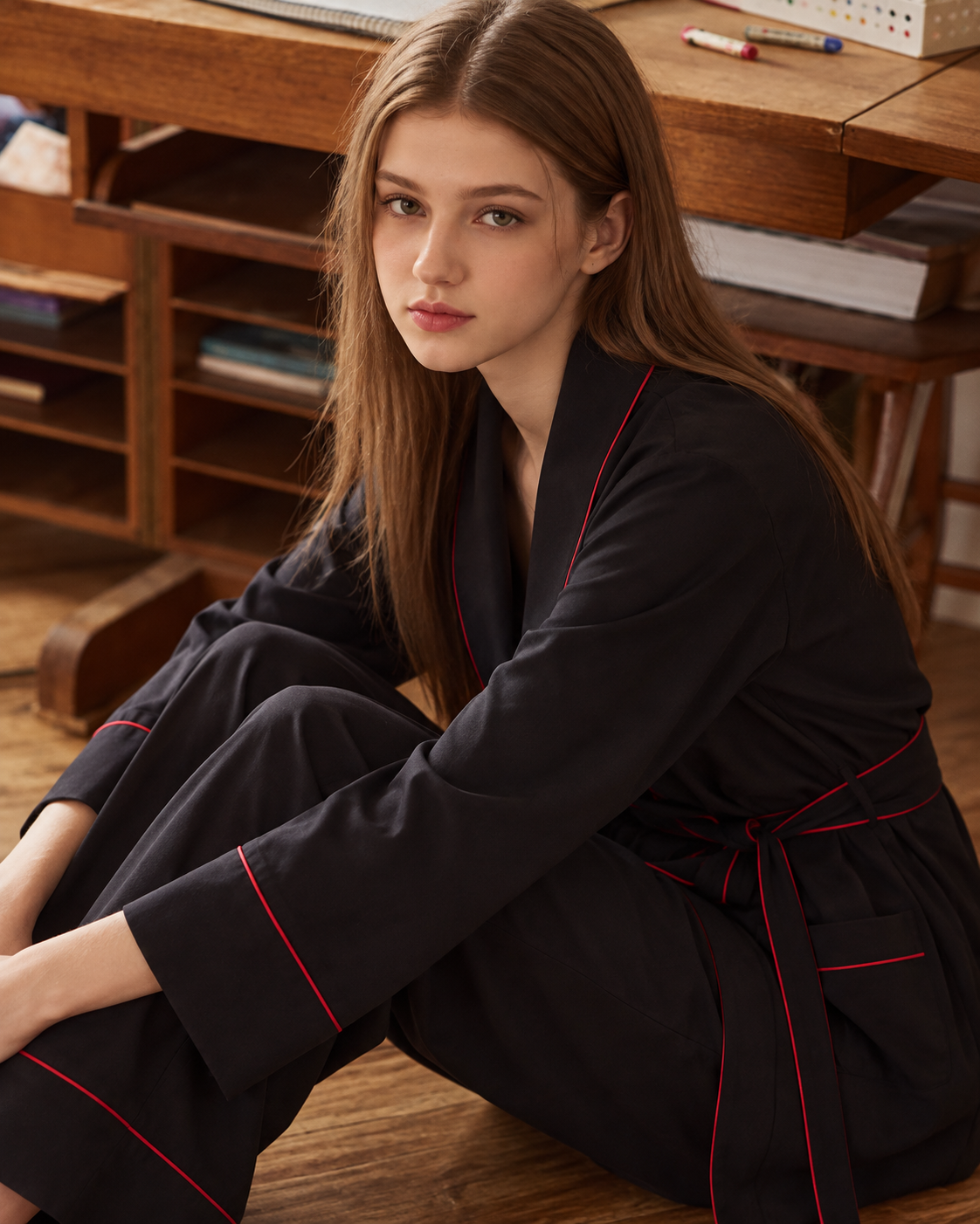 Linehaven wrap pajama set – Classic Black, seated close view beside a desk - Roomden