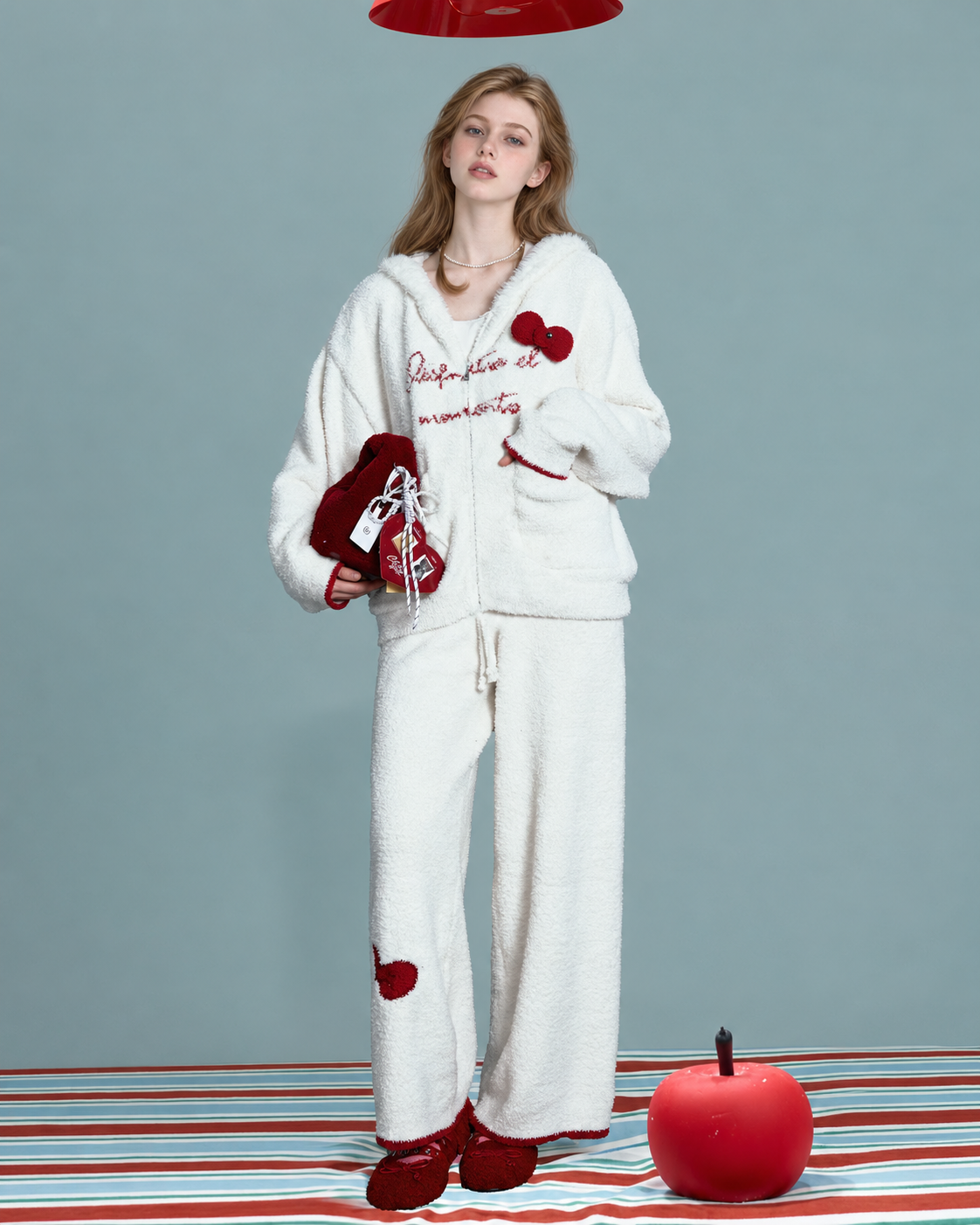 Red Bow Plush Pajama Set – ivory full-length front view beside a red apple prop - Roomden
