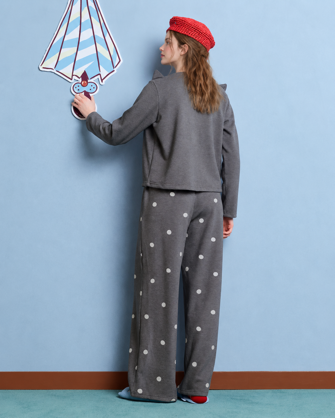 Cat-Ear Polka Dot Pajama Set – charcoal gray full-length back view - Roomden