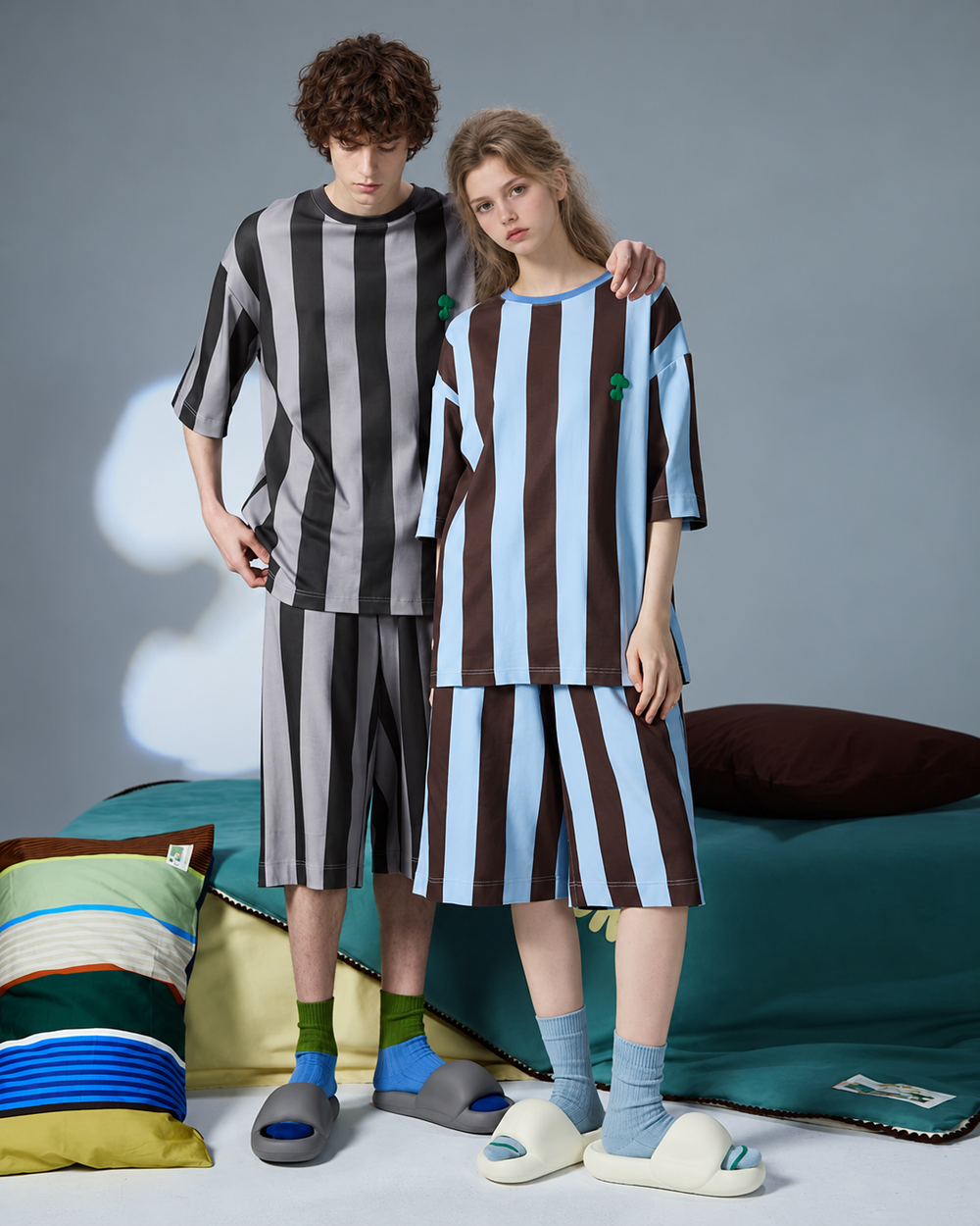 Cotton striped short-sleeve pajama set – Blue Brown Stripe, front full-length paired on-model view - Roomden