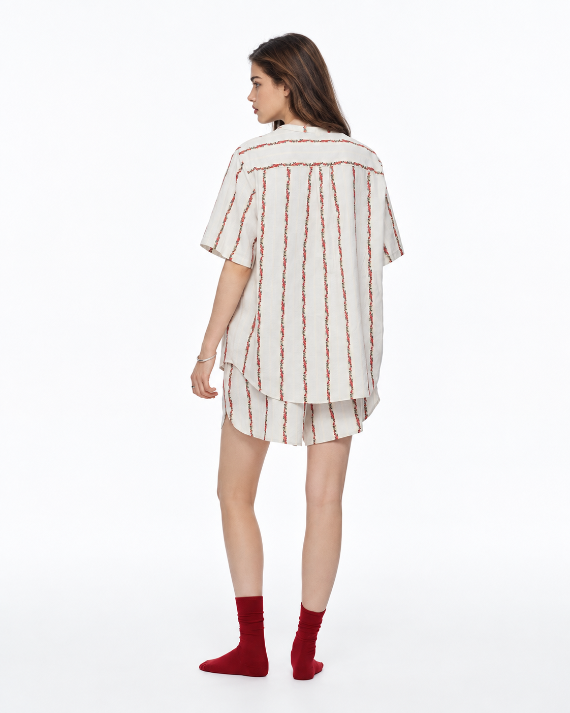 Roseledger cream cotton pajama shorts set with red floral stripes, back view - Roomden