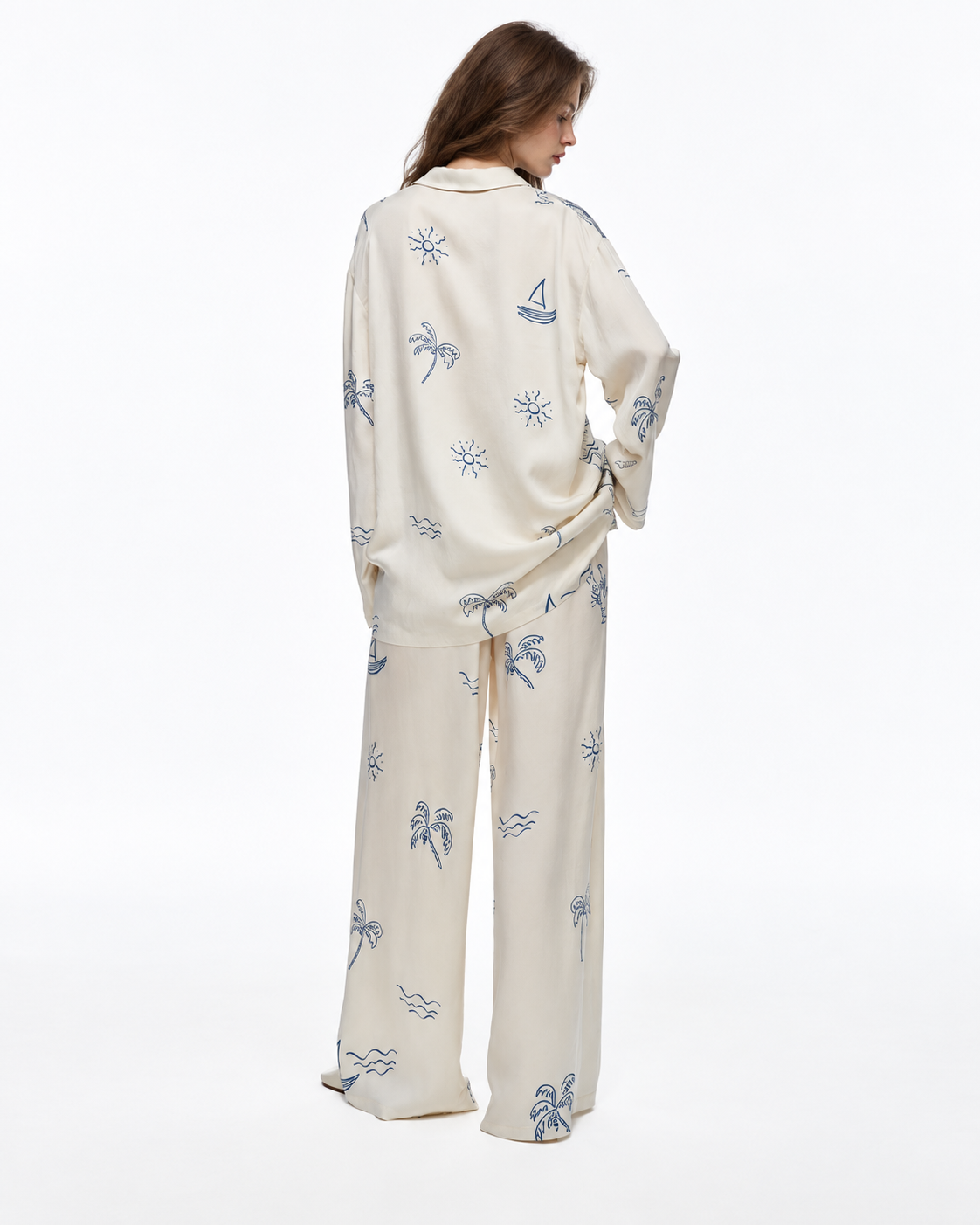 Inkshore asymmetric coastal-print viscose pajama set in Apricot Cream, back view - Roomden