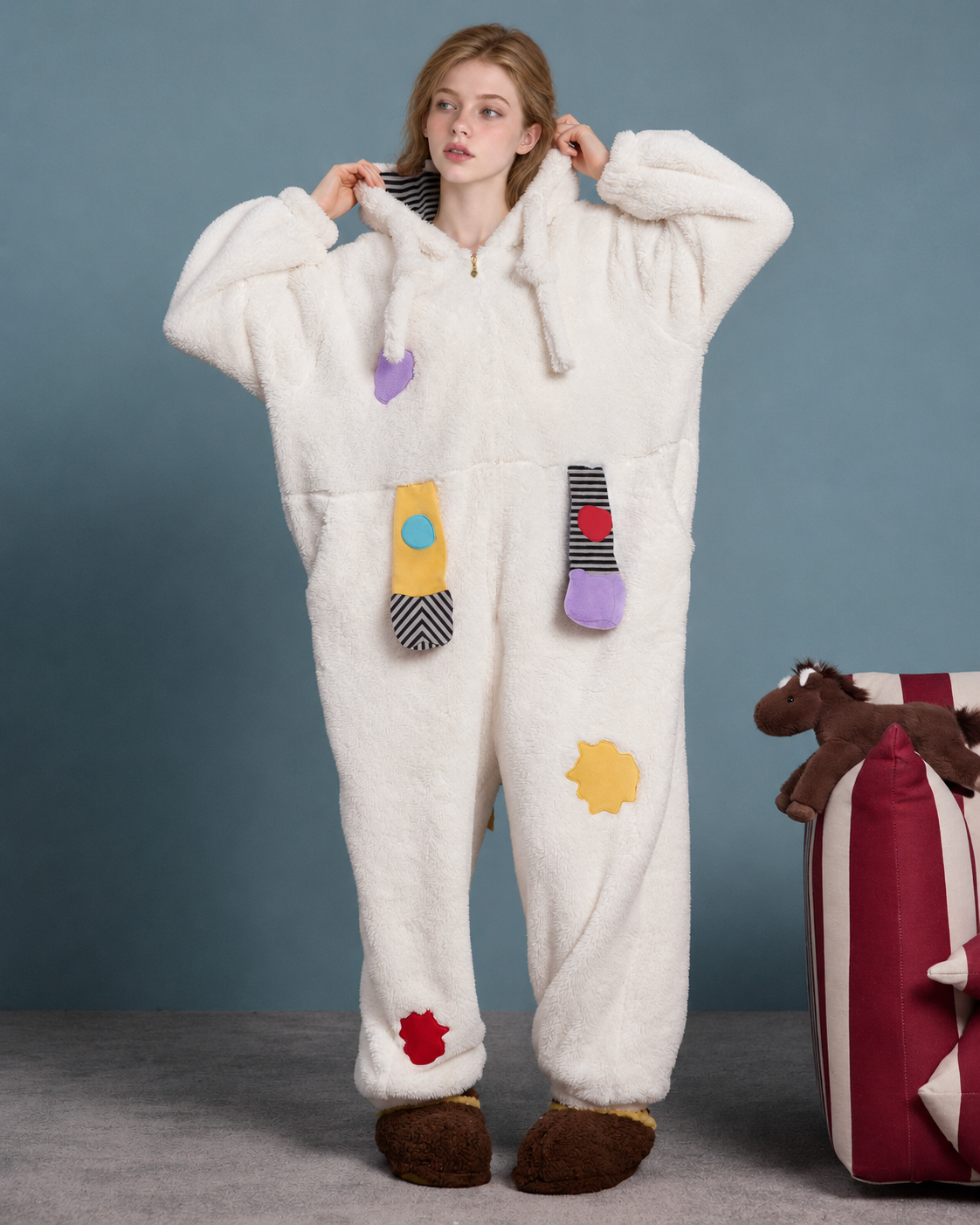 Pony Hood Fleece One-Piece Pajamas – full-length front view holding the lowered hood - Roomden