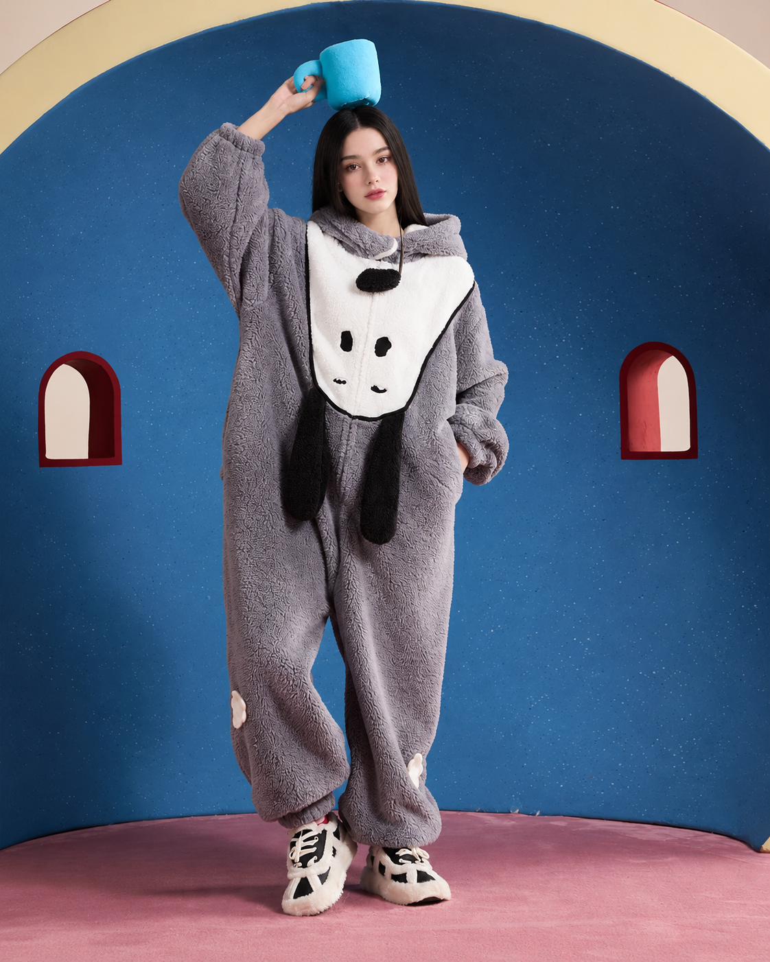 Dog-Face Hooded Fleece One-Piece Pajamas – gray raised-cup front view - Roomden