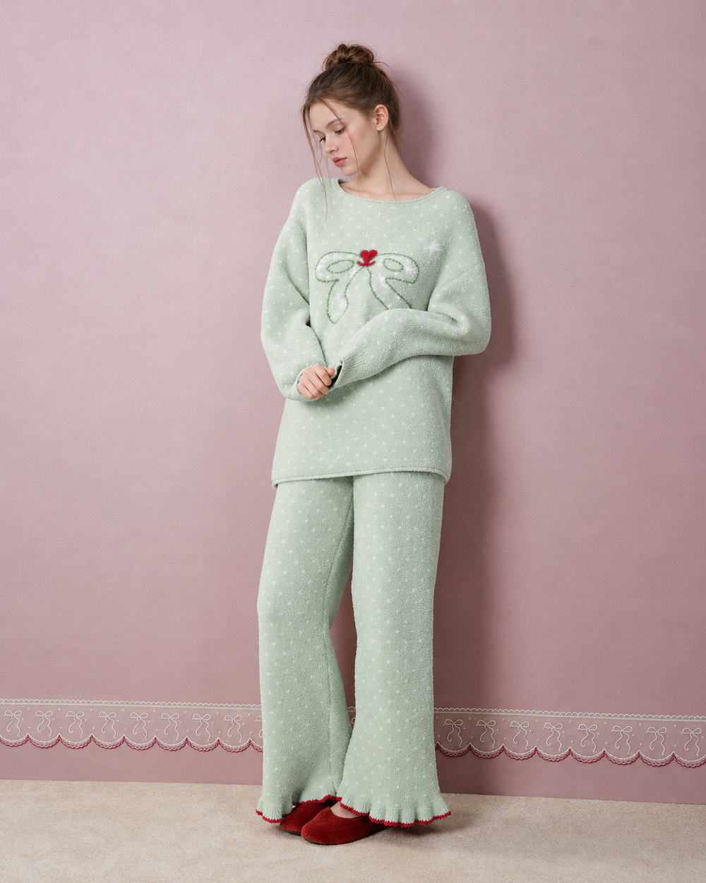 Bow and Heart Fleece Pajama Set – Apple green full-length standing front view - Roomden