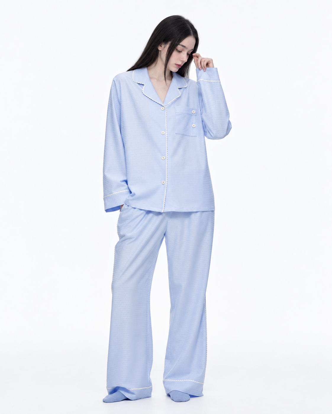 Picot-Trim Textured Long-Sleeve Pajama Set – blue on-model view - Roomden