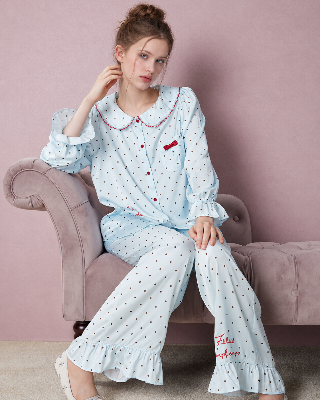 Polka Dot Ruffle-Trim Pajama Set – water-blue seated front view - Roomden