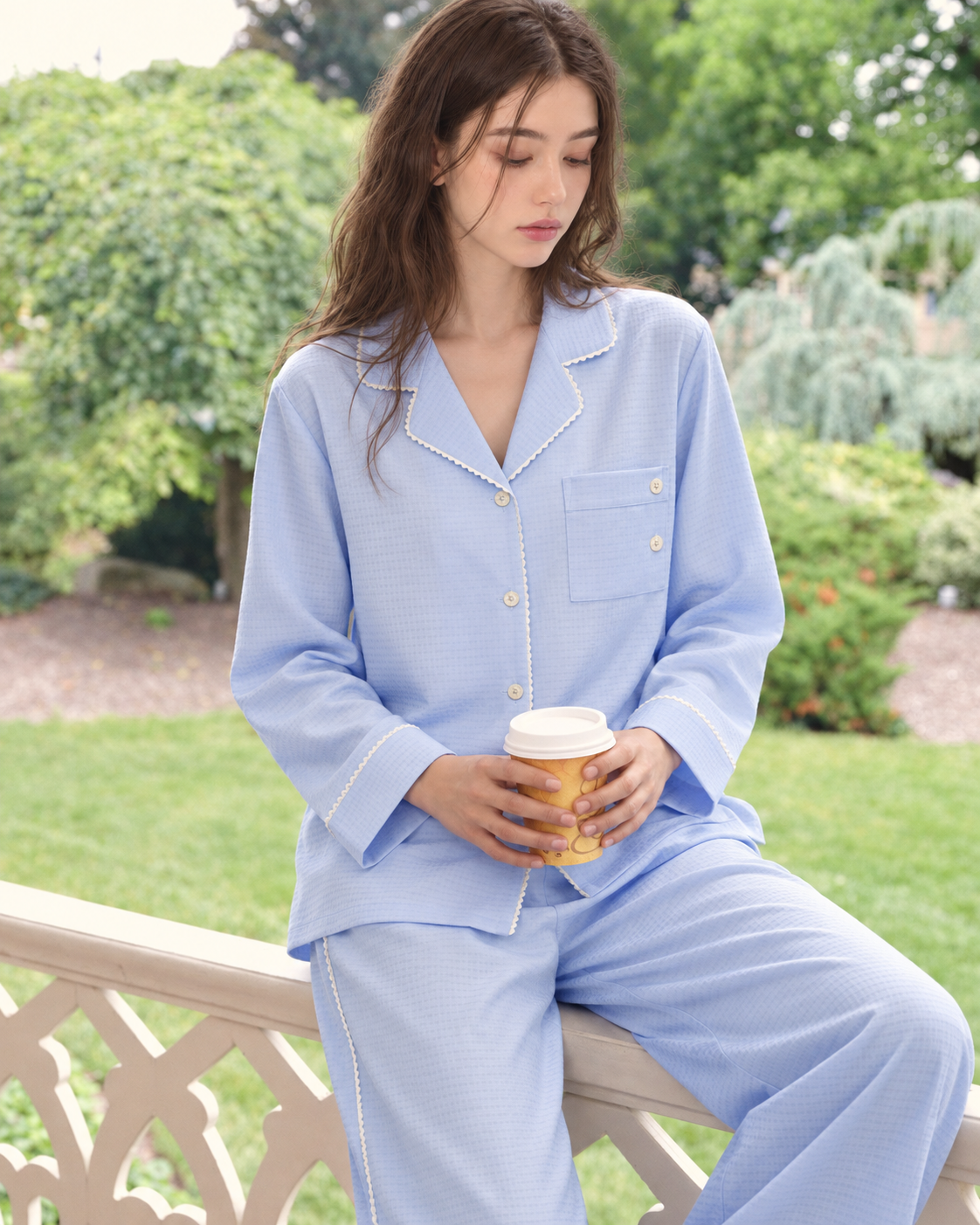 Picot-Trim Textured Long-Sleeve Pajama Set – blue lifestyle view - Roomden