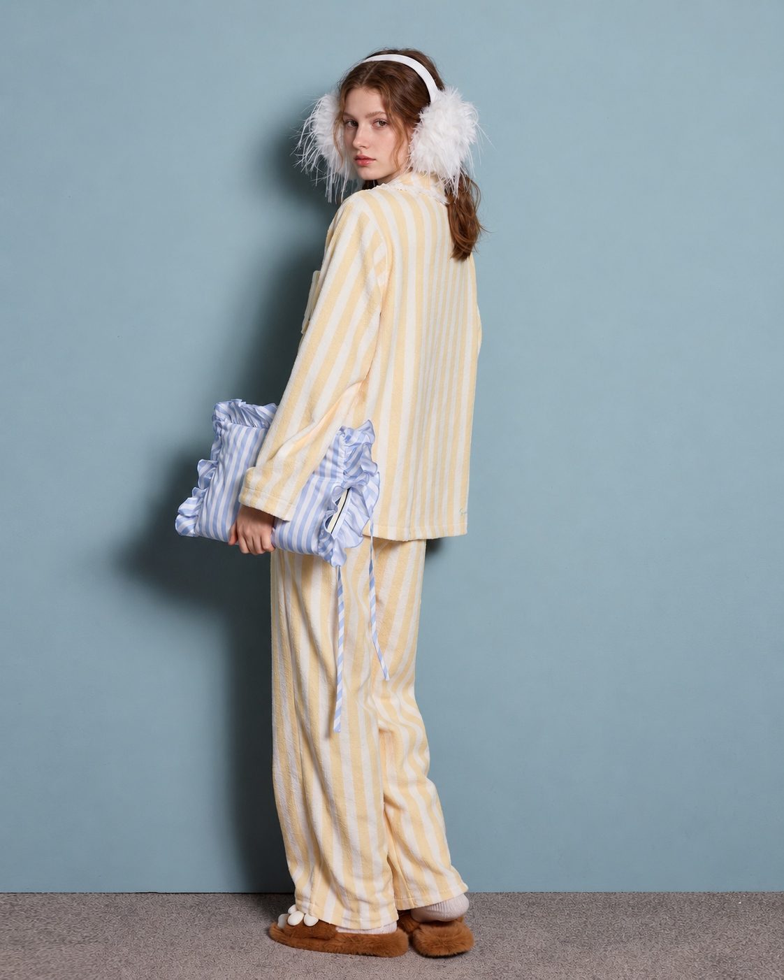 Striped fleece pajama set – full-length back view - Roomden