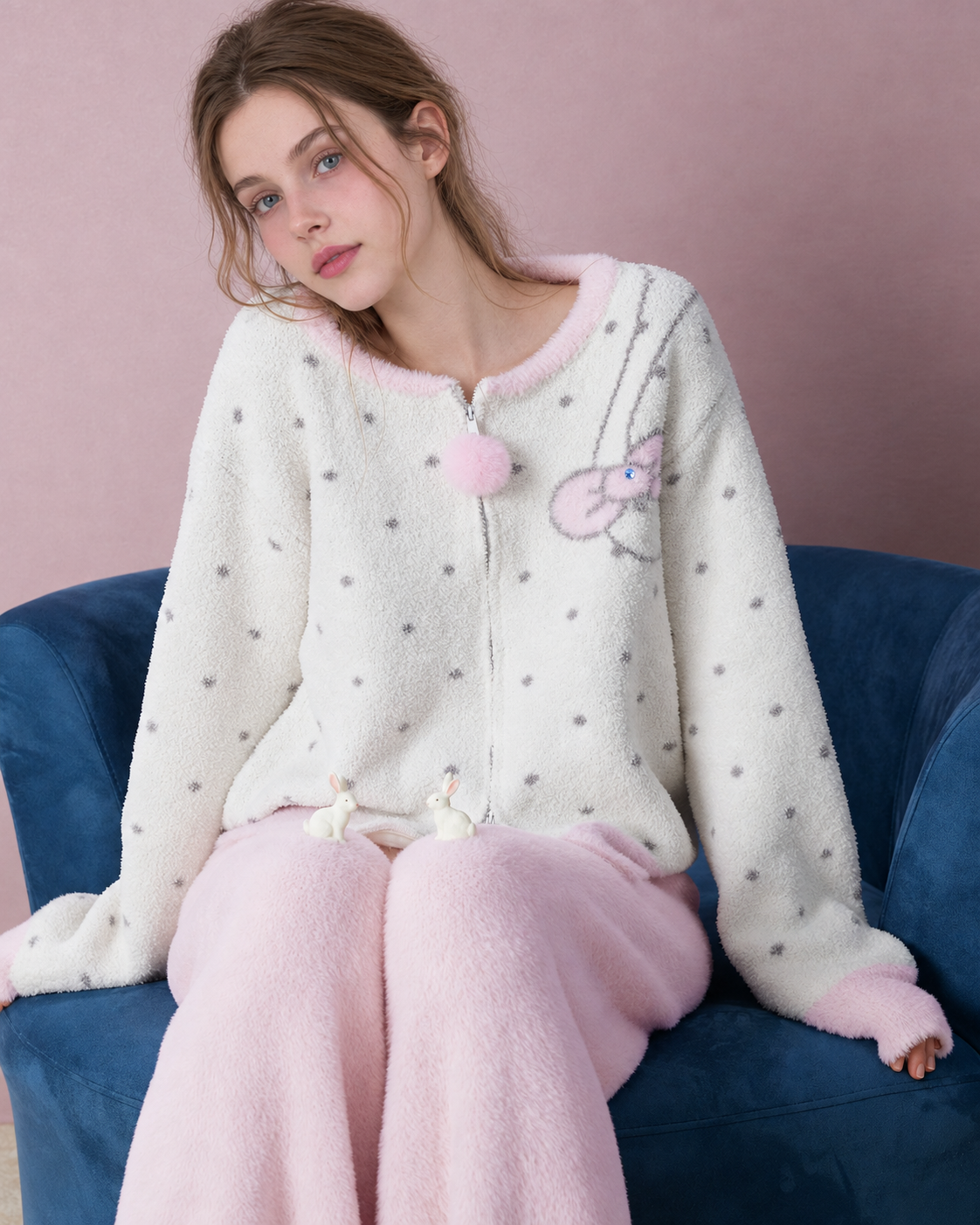 Pom-Pom Zip Fleece Pajama Set – seated chair view - Roomden