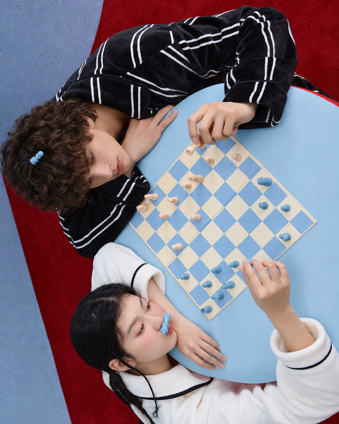 Men's Striped Cat-Pocket Fleece Pajama Set – Black, overhead chess-table view of the striped sleeves - Roomden
