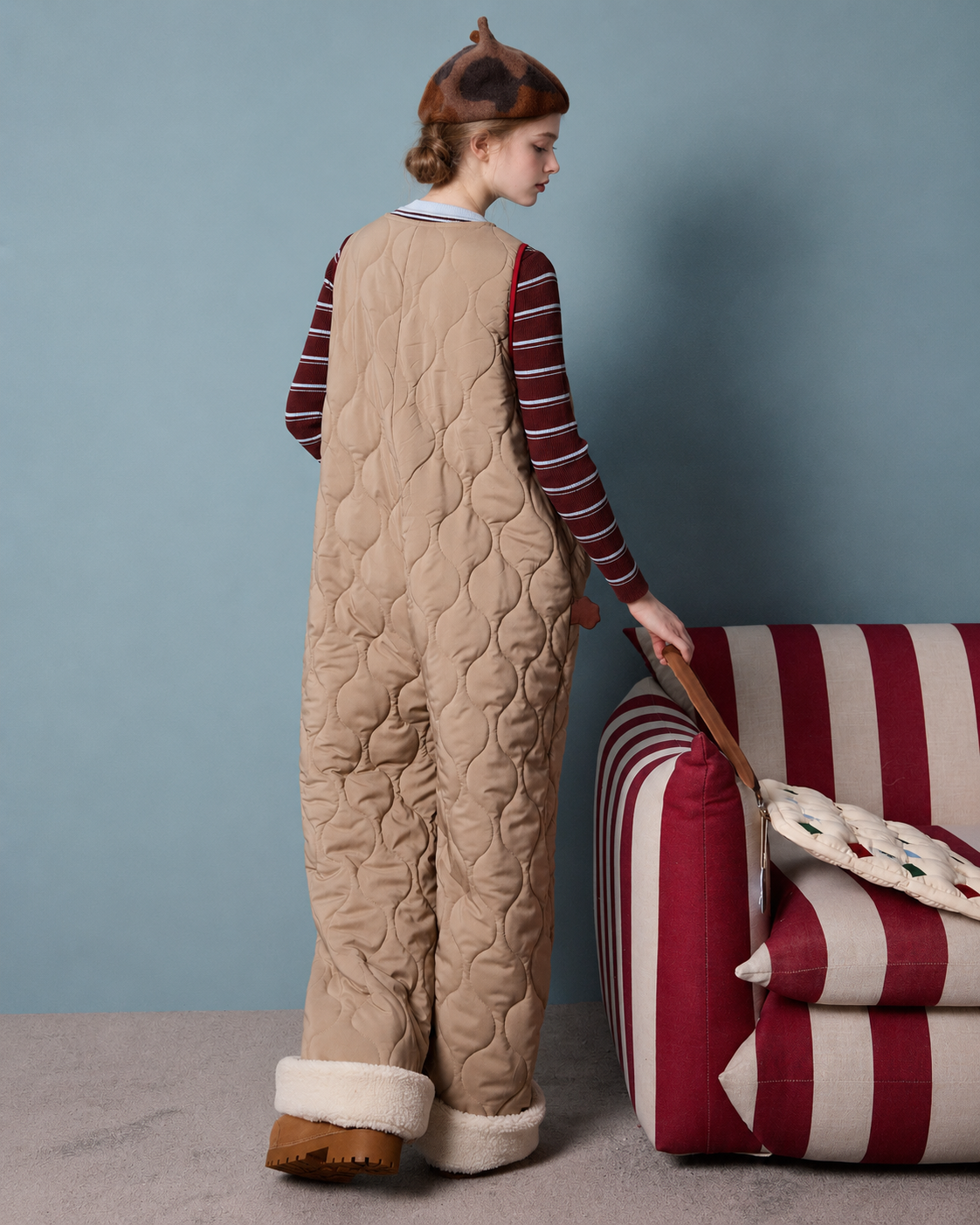 Cat Pocket One-Piece Pajamas – rear view of full-length quilting - Roomden