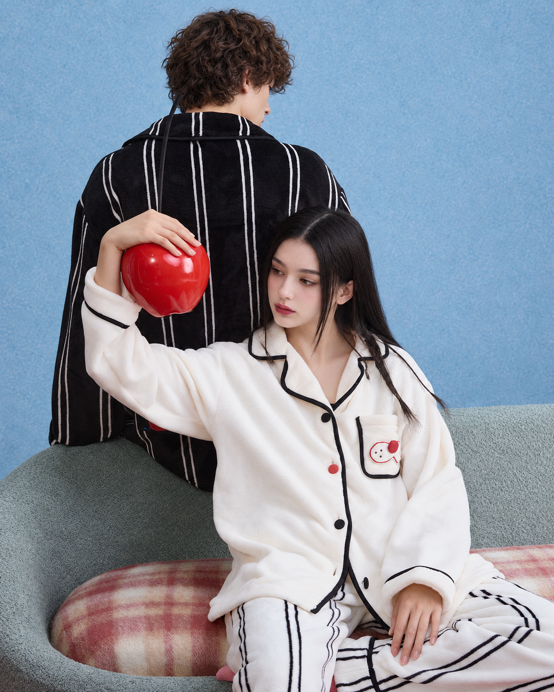 Men's Striped Cat-Pocket Fleece Pajama Set – Black, back view on a sofa beside a red balloon - Roomden