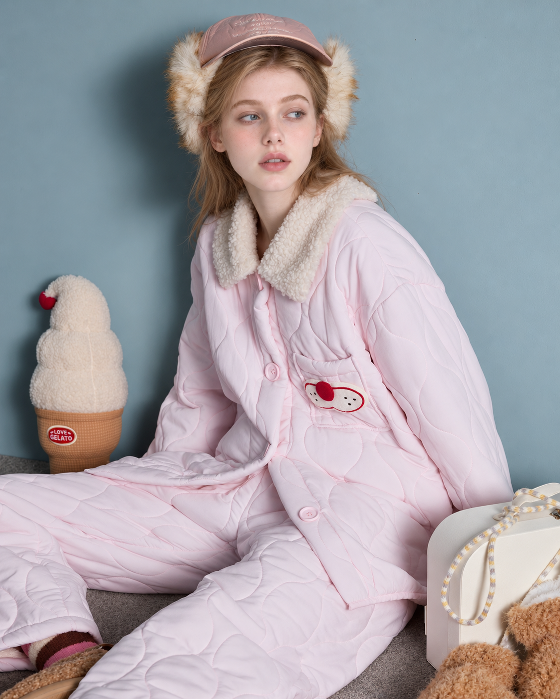 Cat Embroidery Quilted Pajama Set – pink seated close view of the quilted shirt and pants - Roomden