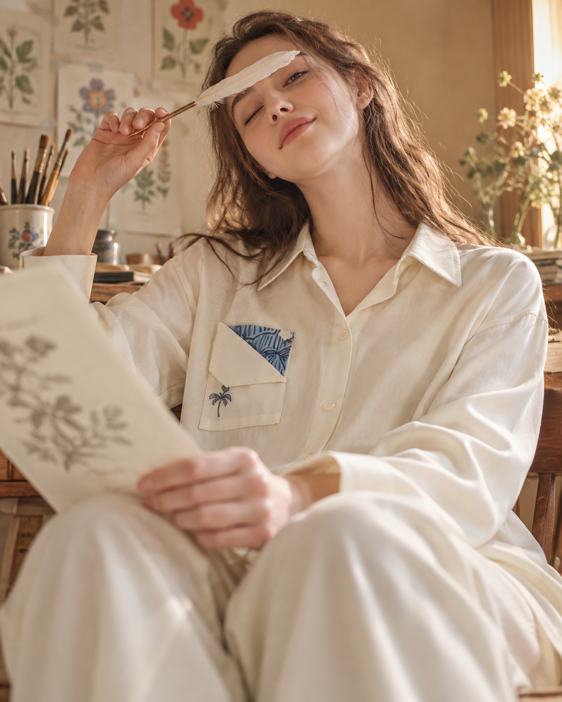 Inkshore botanical-pocket viscose pajama set in Milky White, close portrait with feather pen in the artist studio - Roomden
