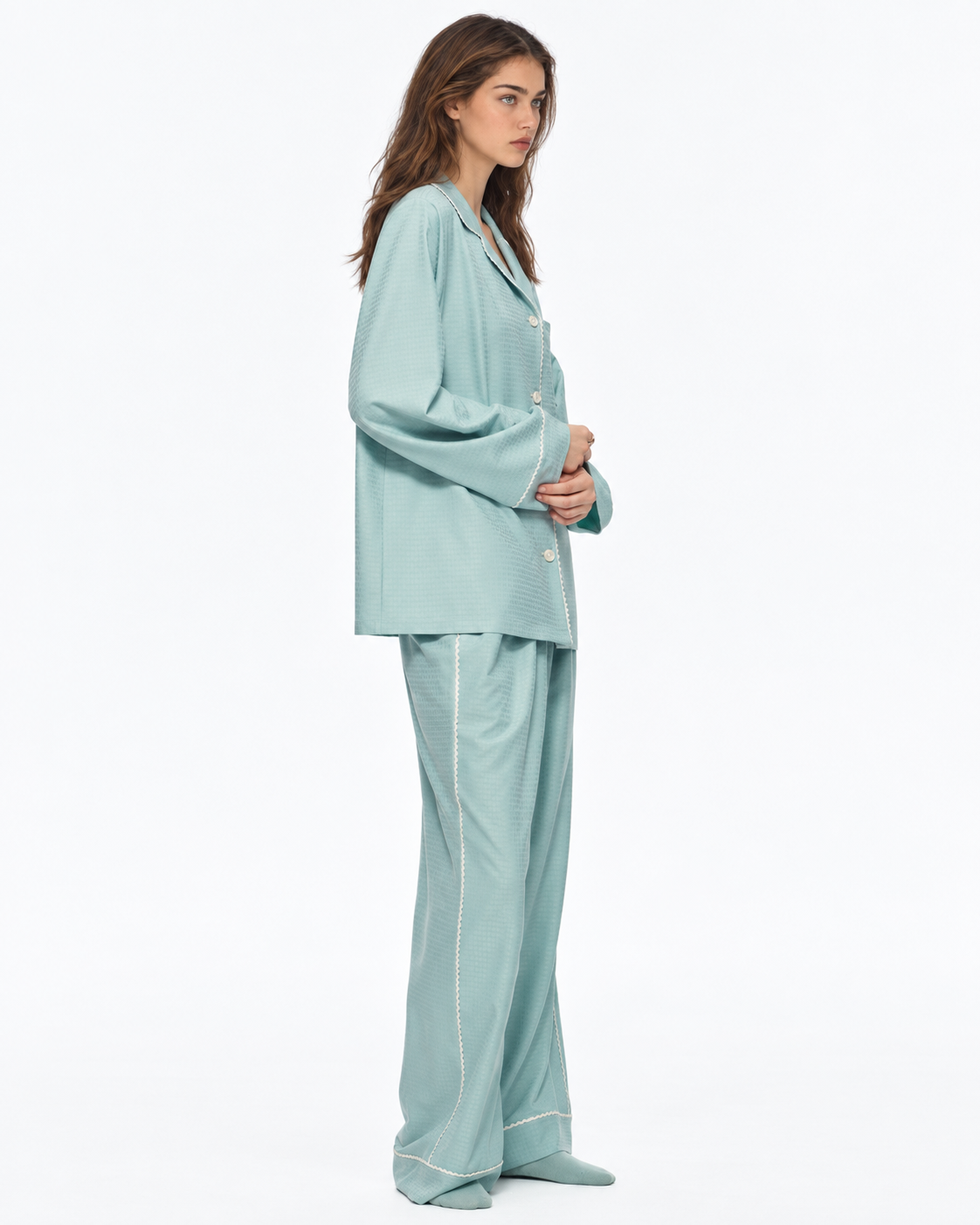 Picot-Trim Textured Long-Sleeve Pajama Set – green on-model view - Roomden