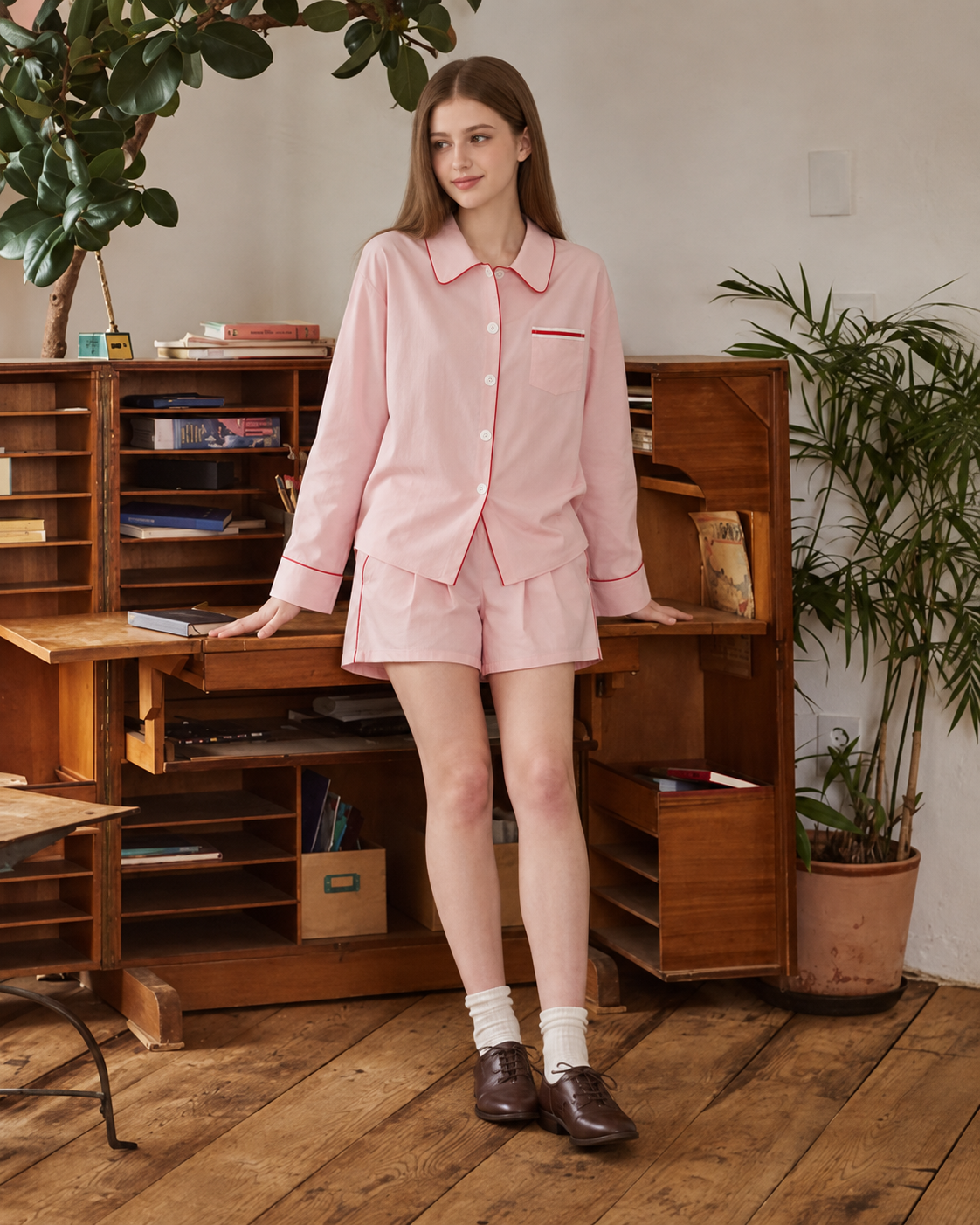 Linehaven pink contrast-piped pajama shorts set, standing beside the wooden desk, hands resting on its edges, plants overhead - Roomden