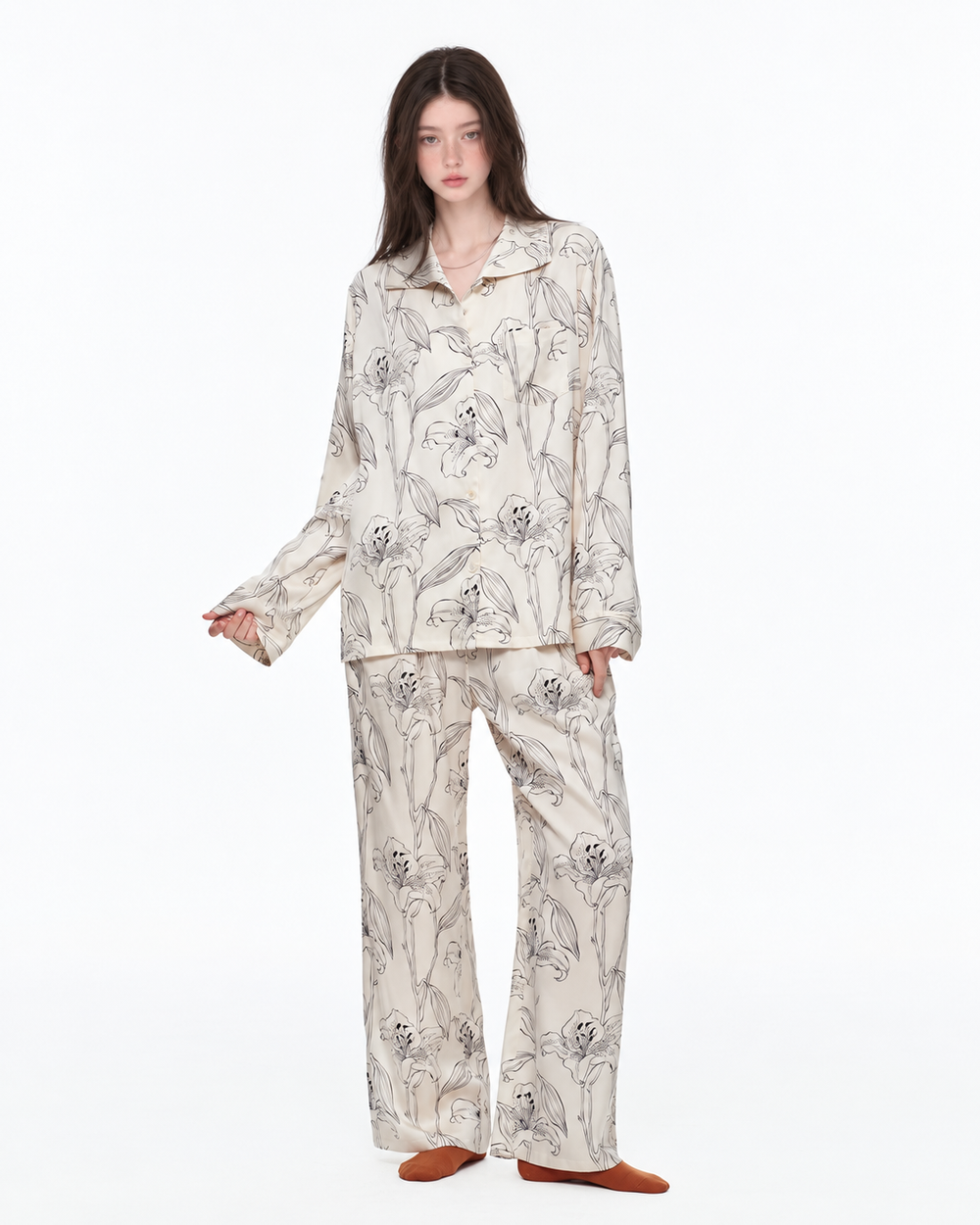 Lily Linework Viscose-Rayon Pajama Set – front full-length view - Roomden