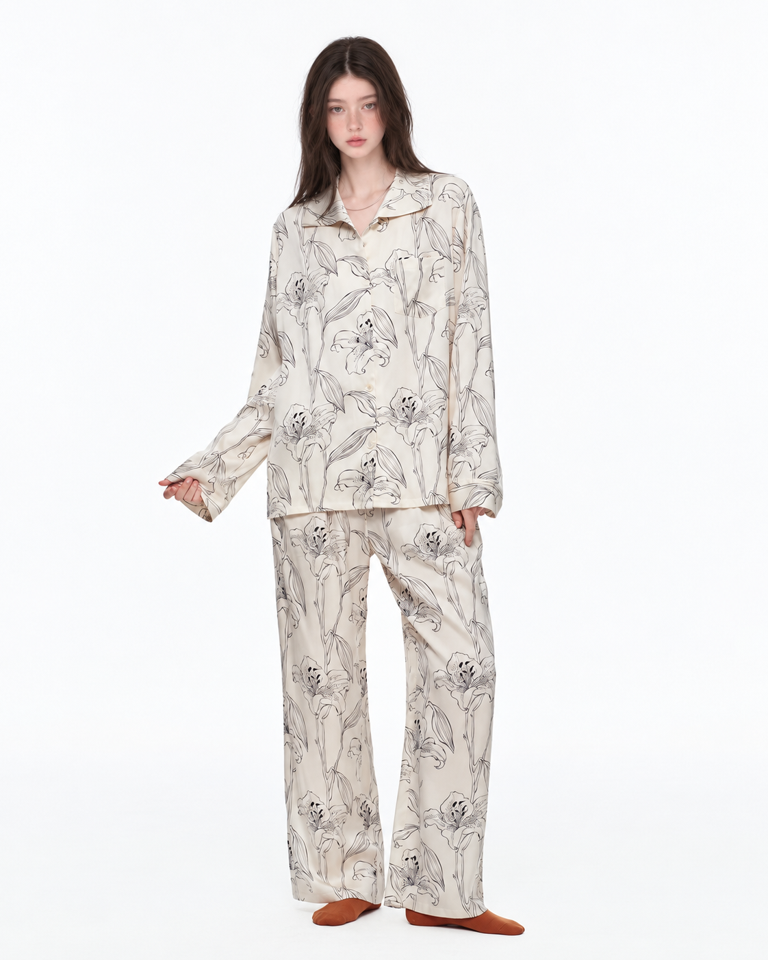 Lily Linework Viscose-Rayon Pajama Set – front full-length view - Roomden