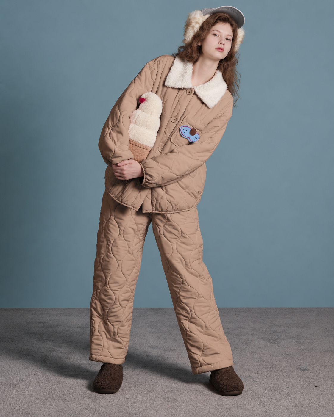 Cat Embroidery Quilted Pajama Set – khaki leaning pose with an ice cream prop - Roomden