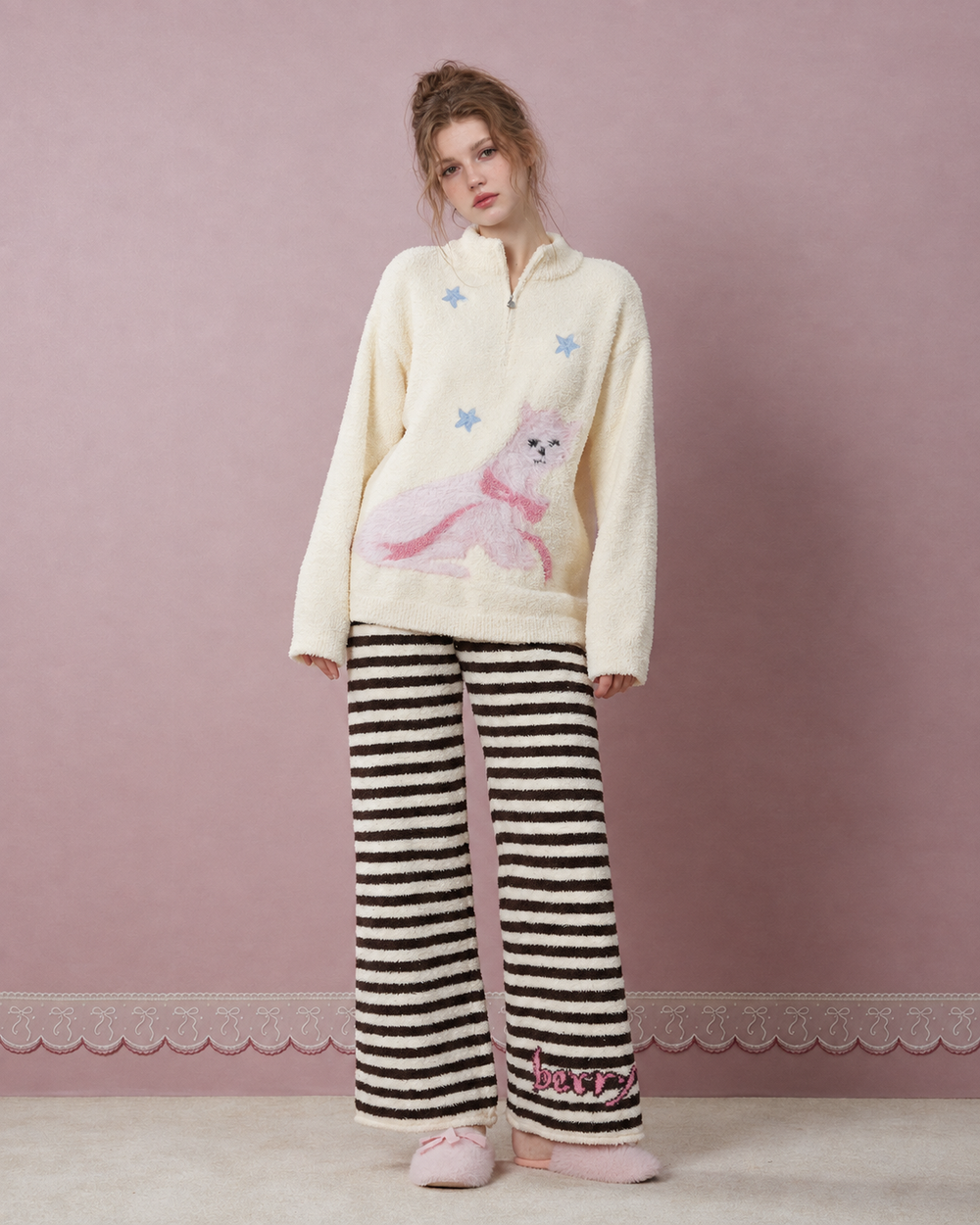 Front view of cat and star half-zip plush pajama set with striped trousers - Roomden