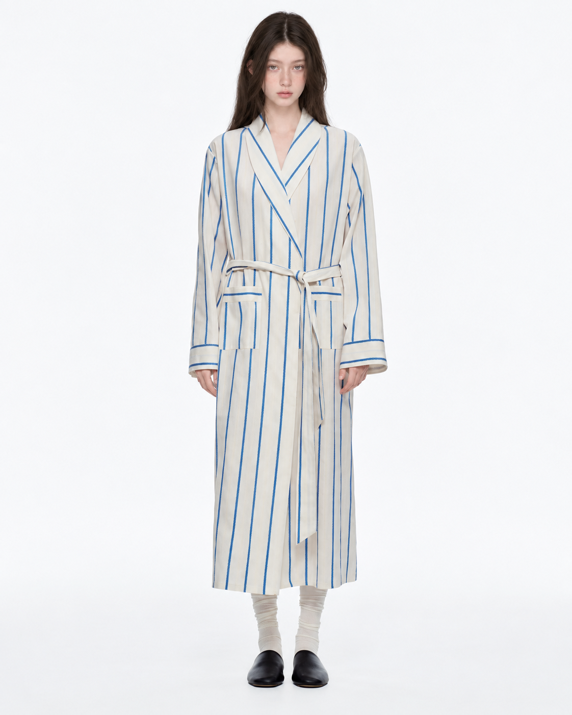 Slateway Fine-Stripe Cotton Wrap Robe – blue studio 2 - Roomden