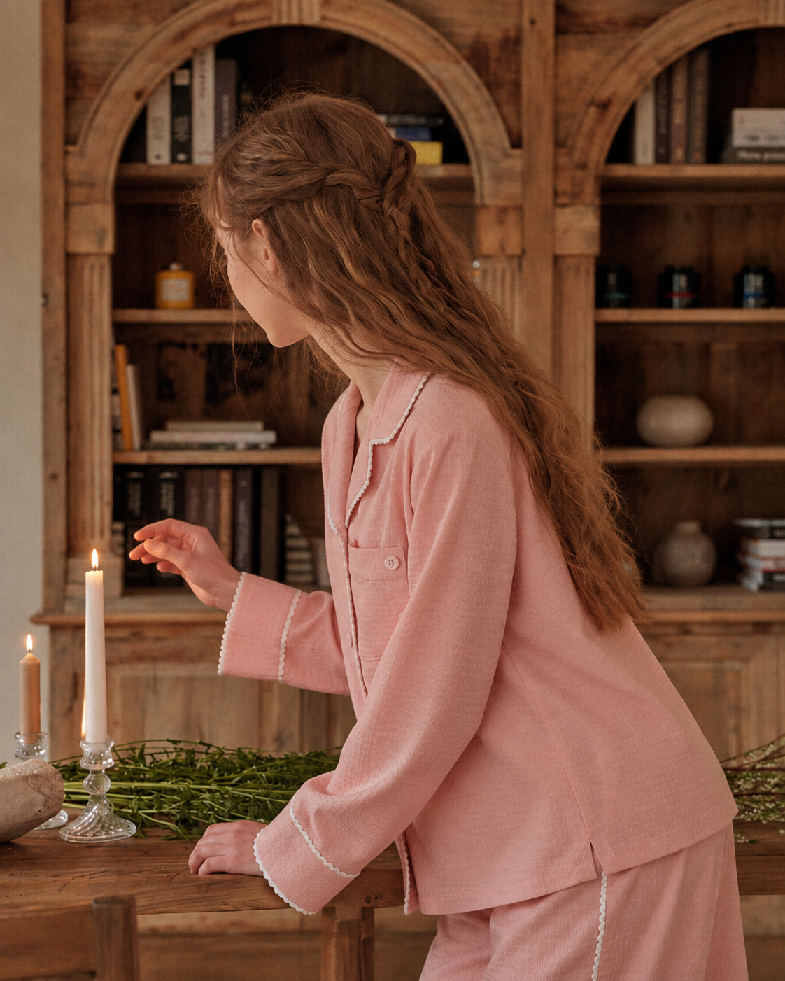 Picot-Trim Textured Long-Sleeve Pajama Set – pink lifestyle view - Roomden