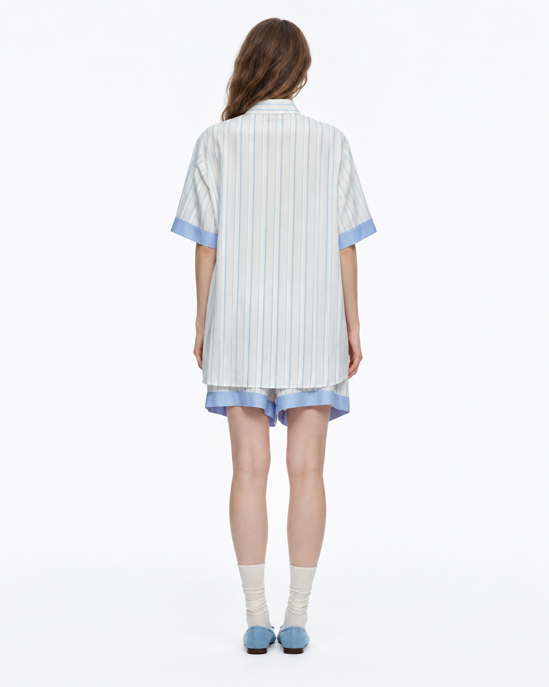 Contrast-Band Striped Viscose-Blend Pajama Shorts Set – blue back view - Roomden