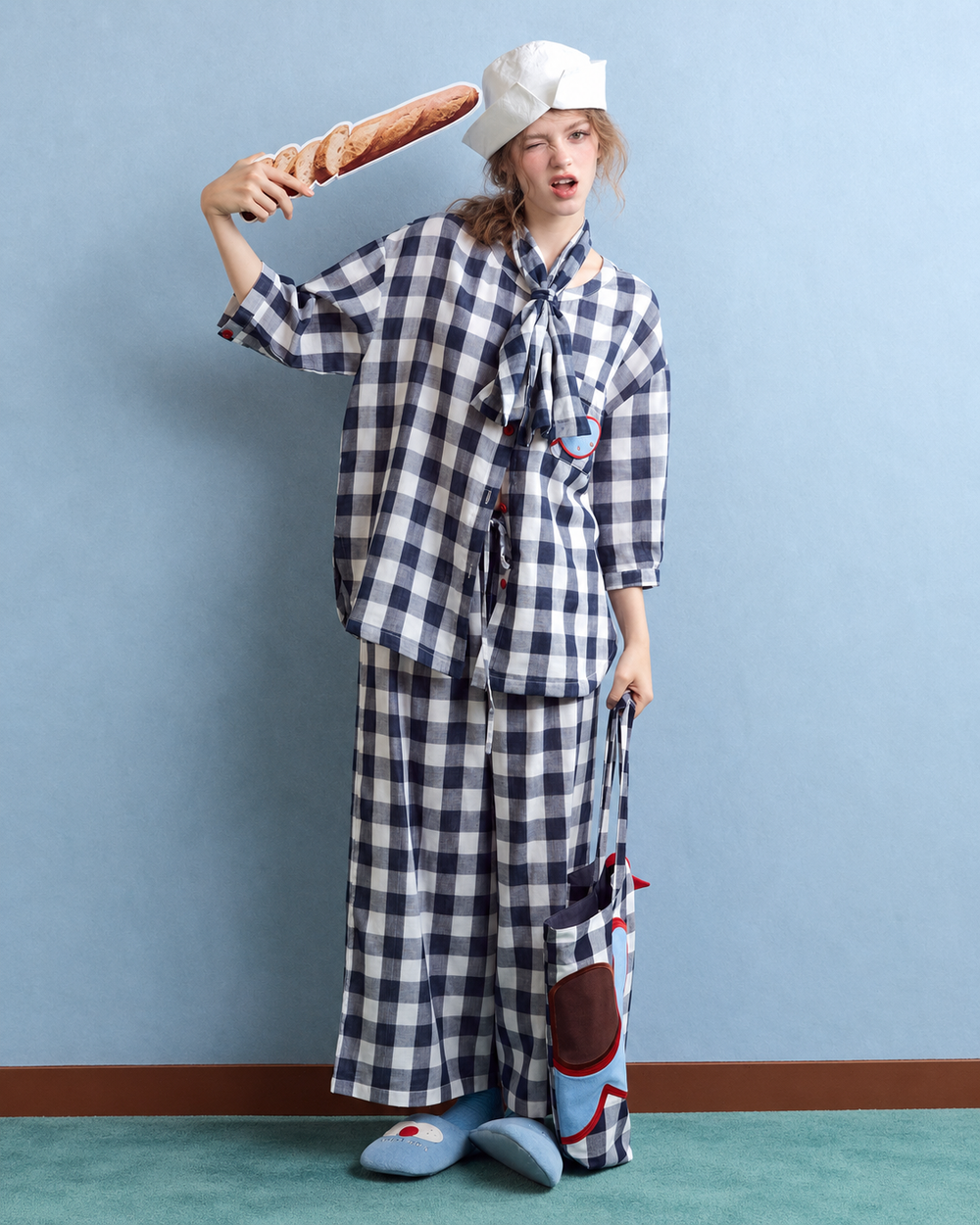 Cotton Double Gauze Pajama Set – navy checks, full front view of short-sleeve top and long pants - Roomden