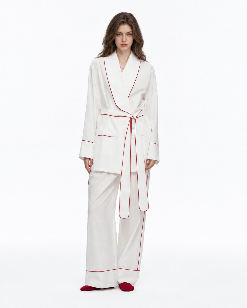 Linehaven wrap pajama set – Milky White, front view in the studio - Roomden