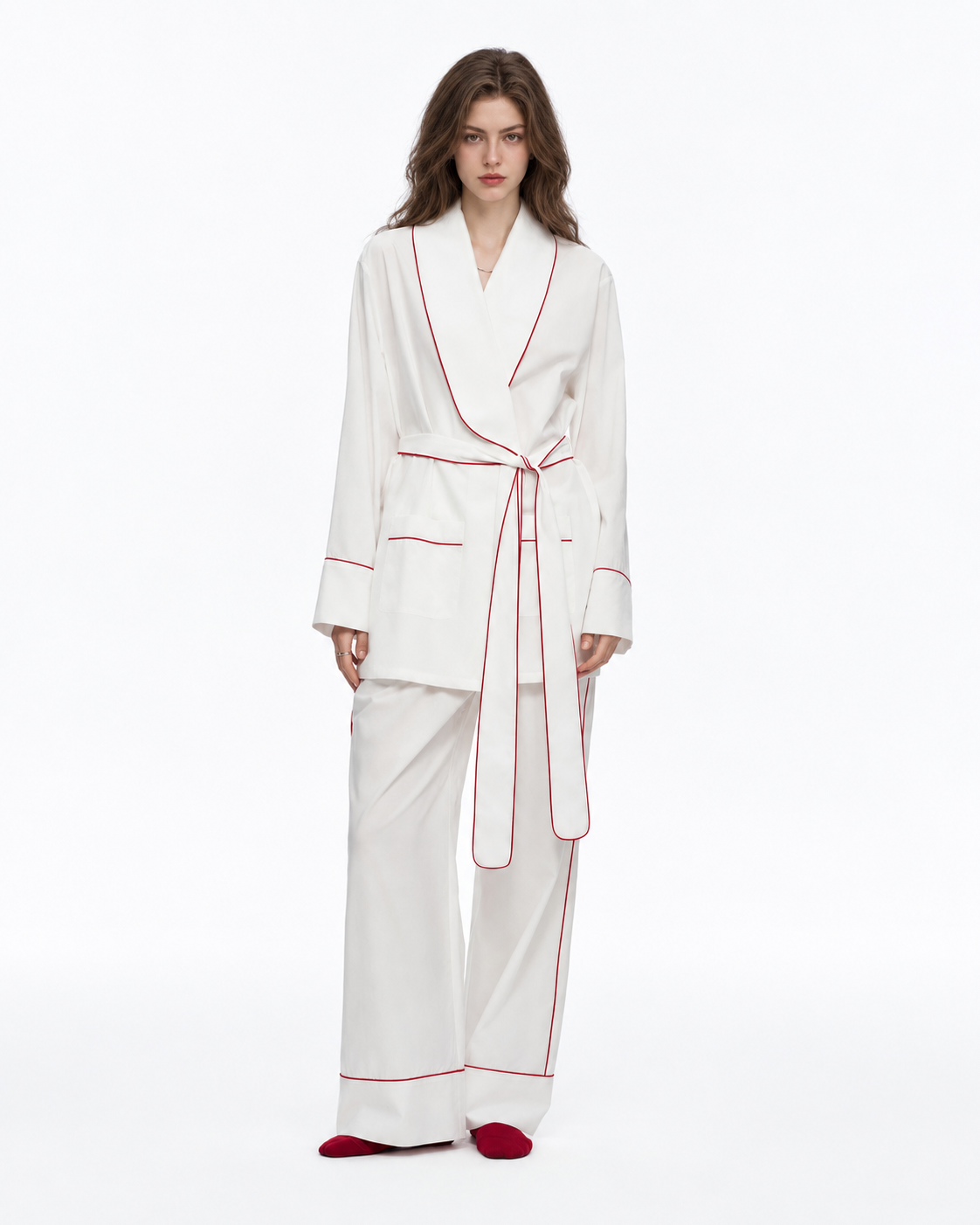 Linehaven wrap pajama set – Milky White, front view in the studio - Roomden