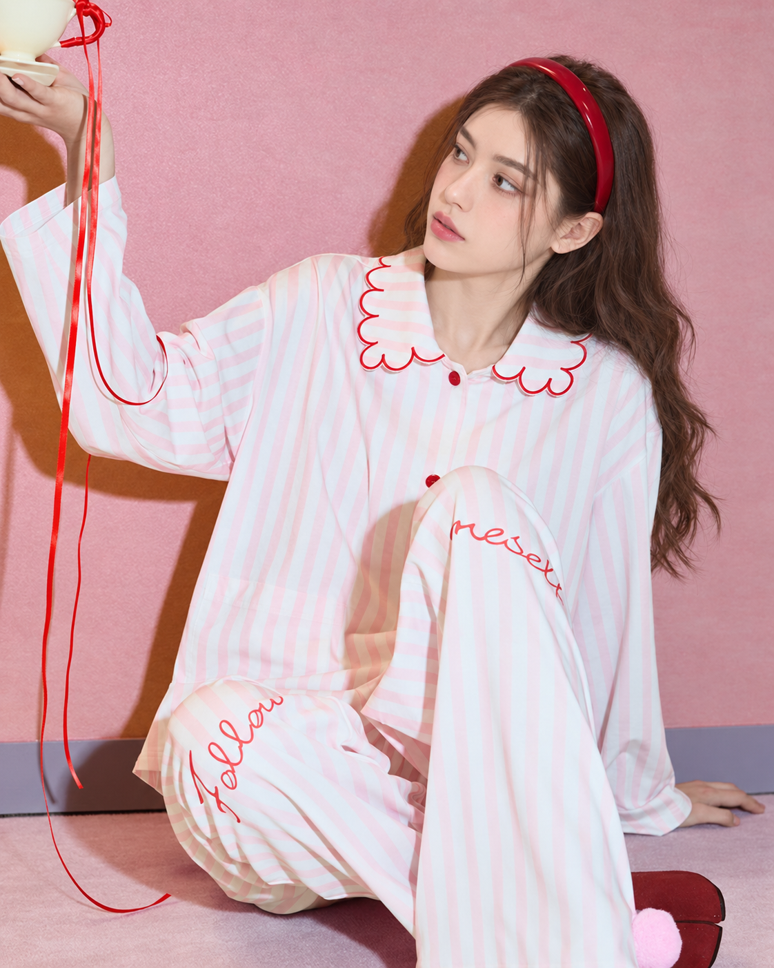 Scalloped Stripe Cotton Pajama Set – seated with a cup and red ribbon - Roomden