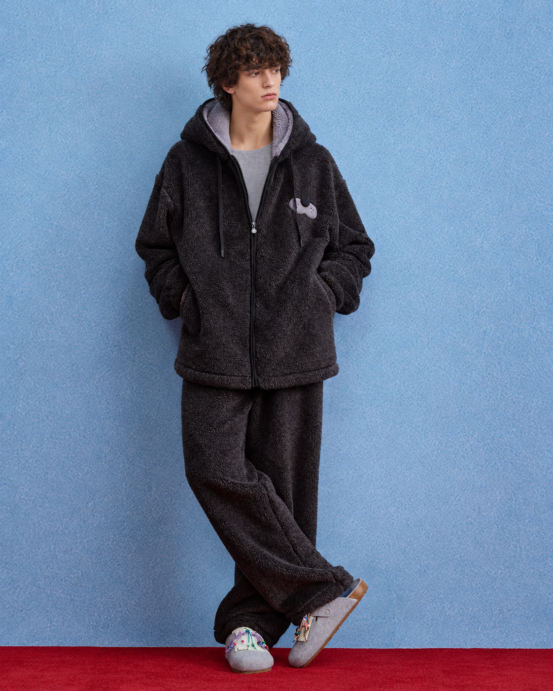 Dark gray cat-ear hooded fleece pajama set, male full-length front view - Roomden