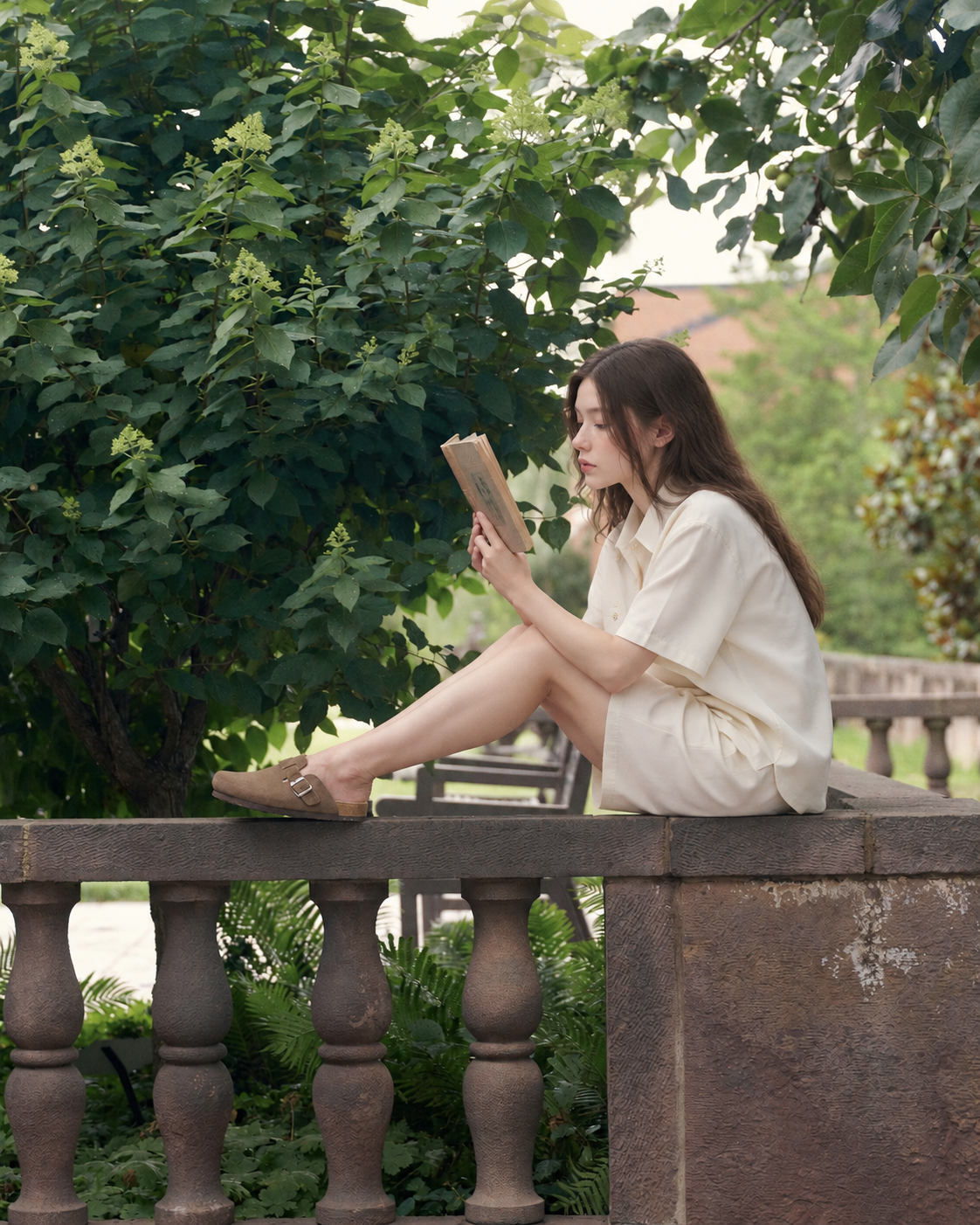Inkshore Folded-Pocket Viscose Pajama Shorts Set – Cream seated reading on a stone railing - Roomden