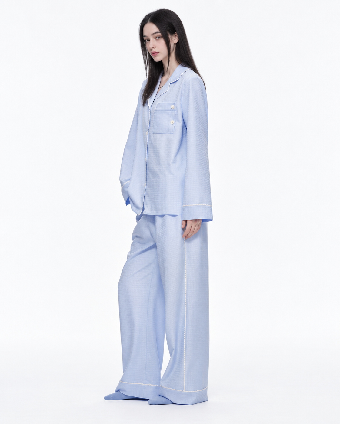 Picot-Trim Textured Long-Sleeve Pajama Set – blue on-model view - Roomden