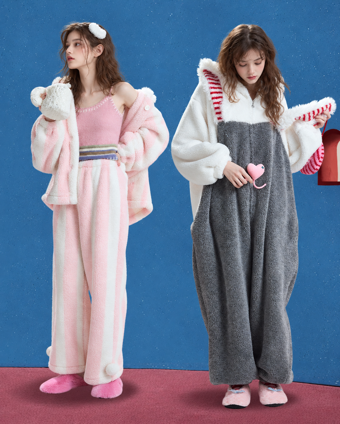 Blushburrow Rabbit-Hood Pajama Set – pink-and-white set on the left of a two-person blue-wall scene - Roomden