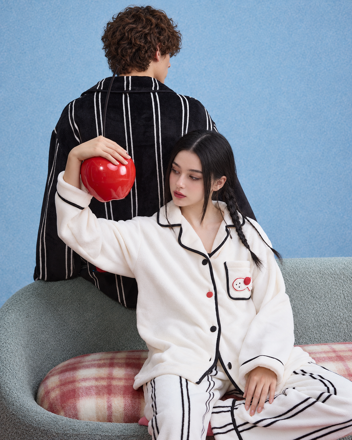 Cat Pocket Fleece Pajama Set – white set seated apple prop scene - Roomden