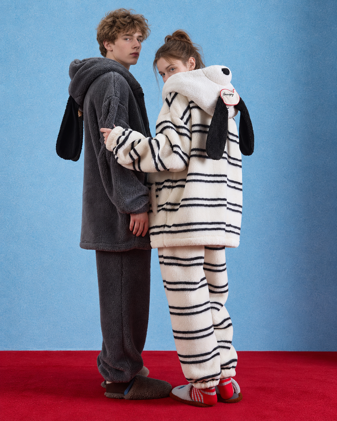 Striped Dog Hood Fleece Pajama Set – ivory and black striped full-length rear view showing long hood ears - Roomden