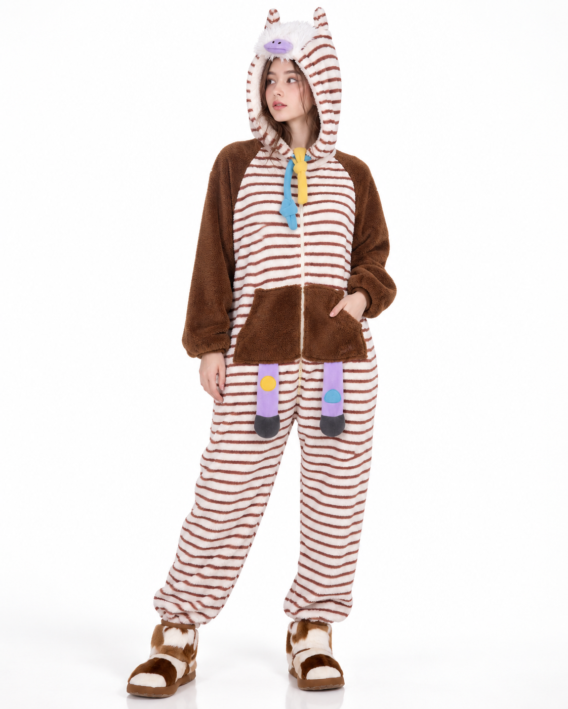 Striped Horse-Hood Onesie – brown and white front view with head turned - Roomden