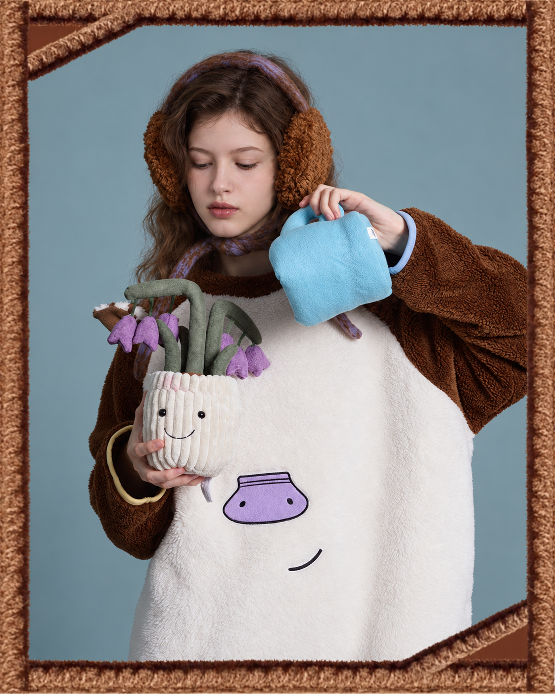 Horse-Ear Flannel Pajama Set – framed upper-body view with a flowerpot - Roomden
