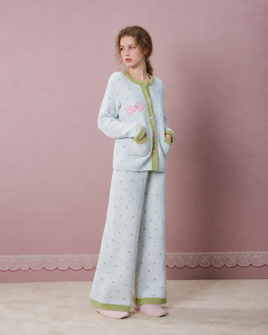 Fleece Three-Piece Pajama Set – Ice blue buttoned cardigan and wide-leg trousers, standing front view - Roomden