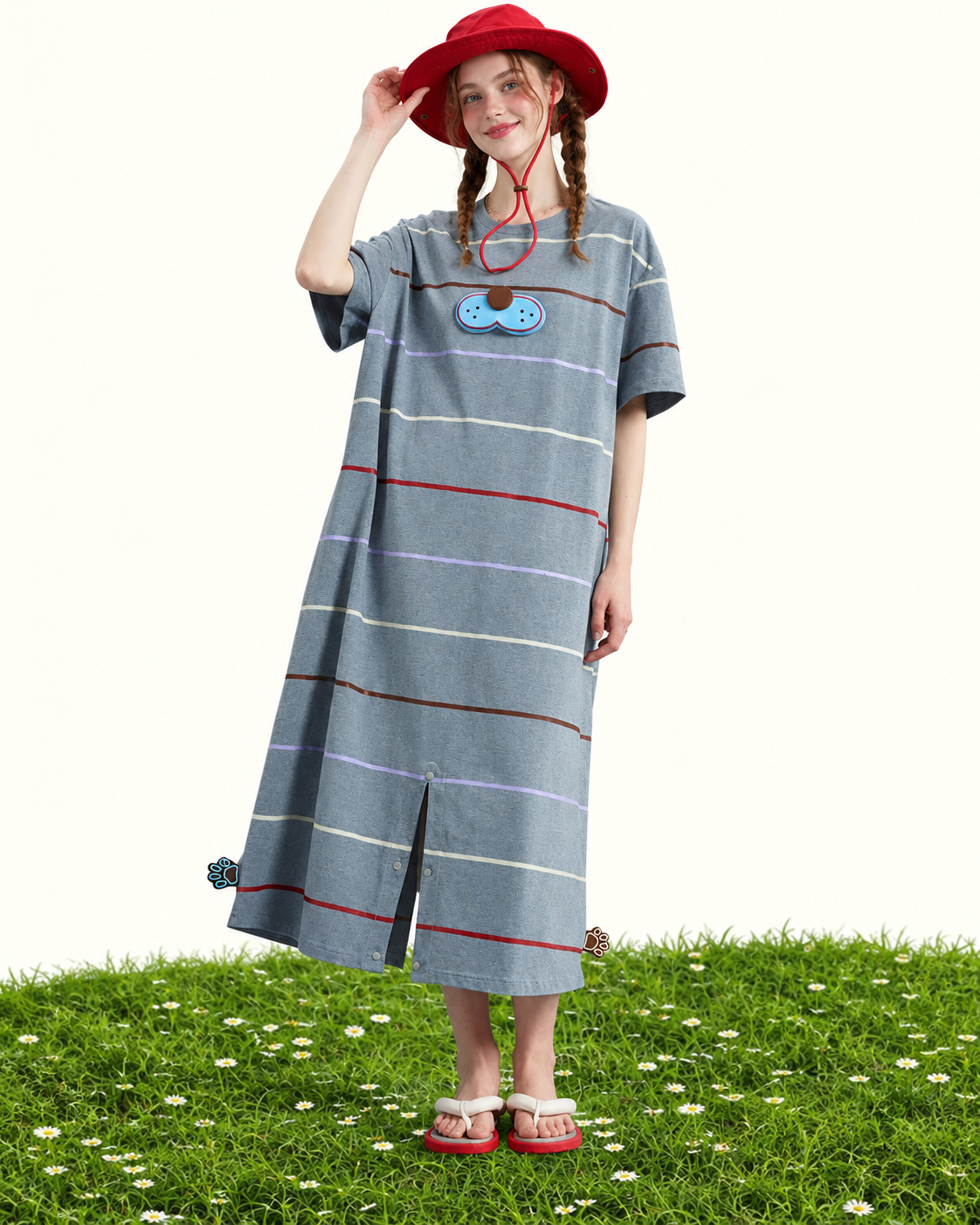 Cat striped one-piece pajamas – Red hat grass scene - Roomden