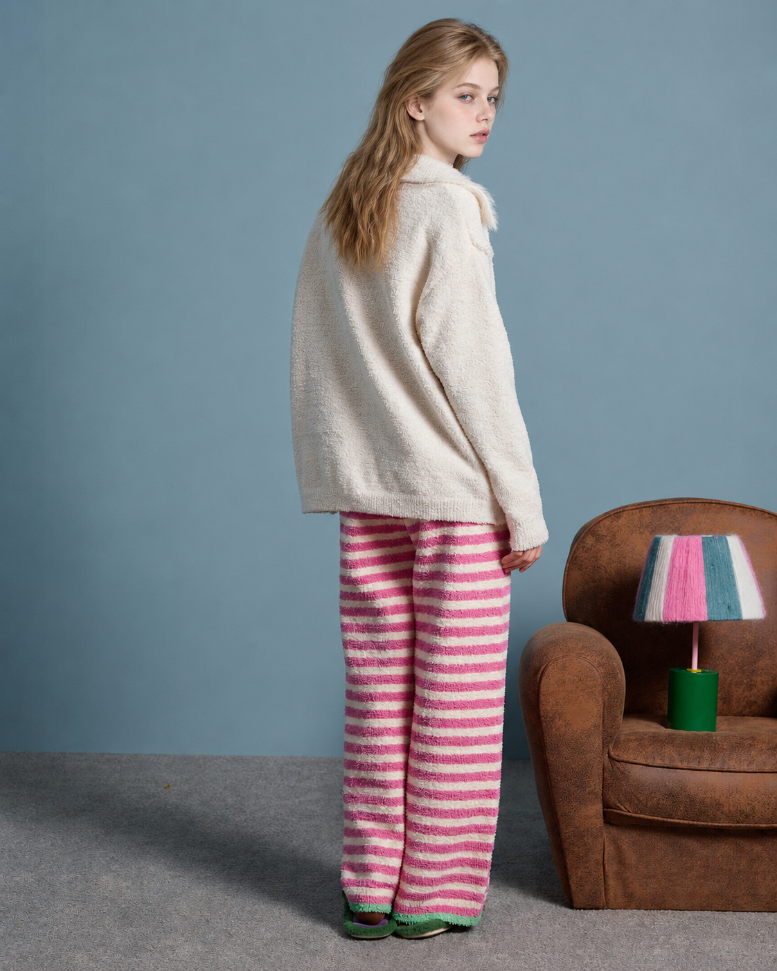 Cat Motif and Stripe Fleece Pajama Set - Rear standing view - Roomden