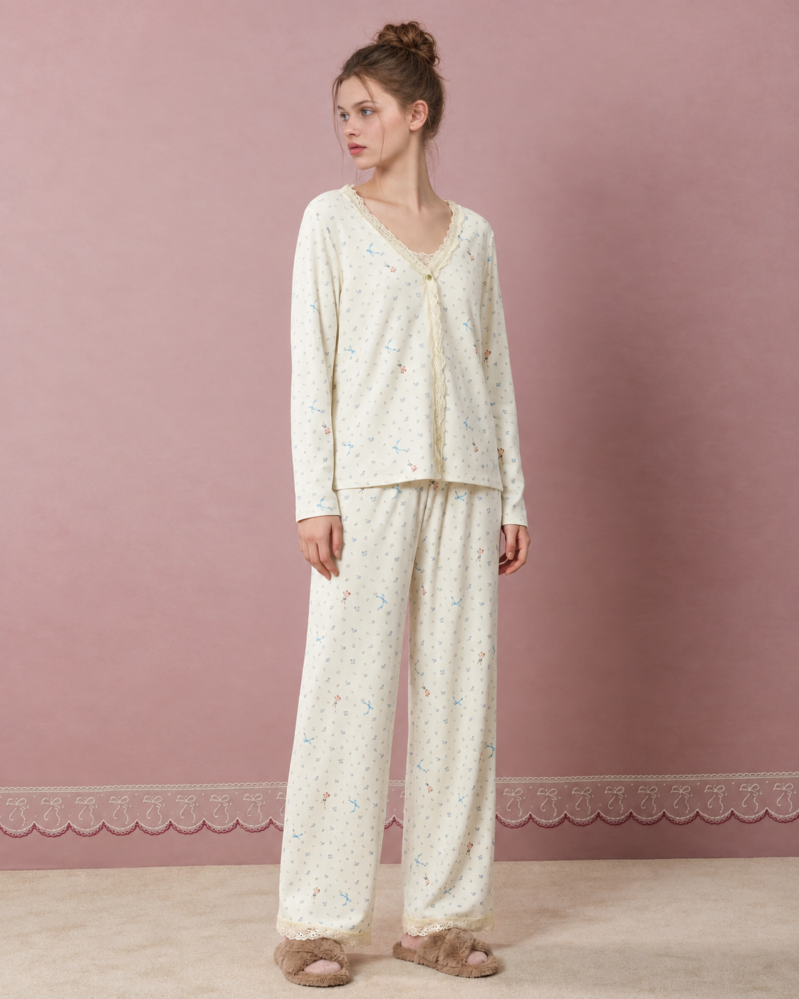 Bunny Floral Three-Piece Pajama Set – front view with cardigan buttoned - Roomden