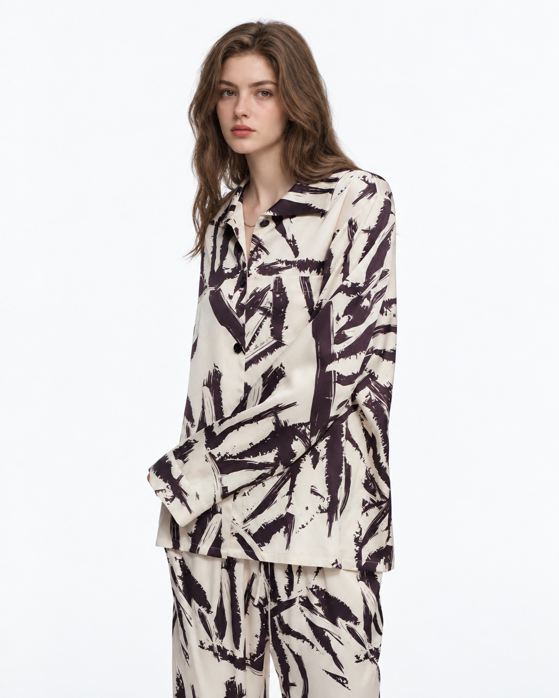 Brushstroke Palm Viscose-Rayon Pajama Set – close front view - Roomden