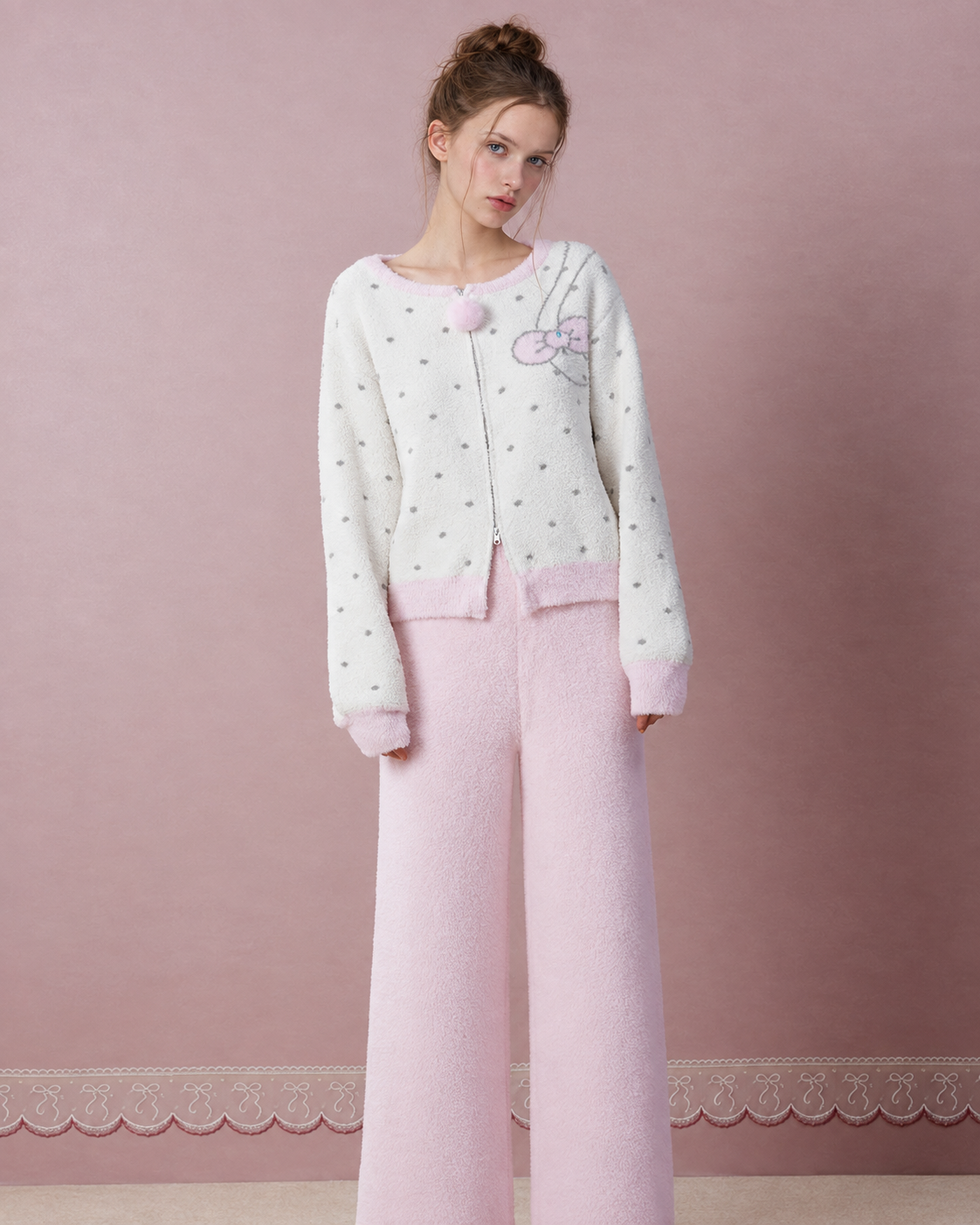 Pom-Pom Zip Fleece Pajama Set – front relaxed-arm view - Roomden