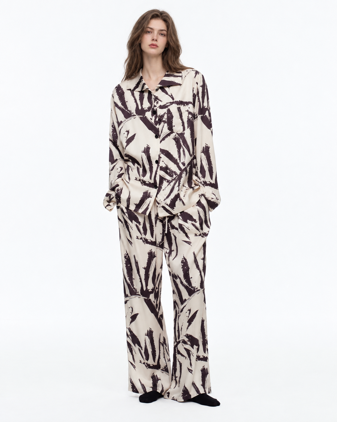 Brushstroke Palm Viscose-Rayon Pajama Set – front full-length view - Roomden